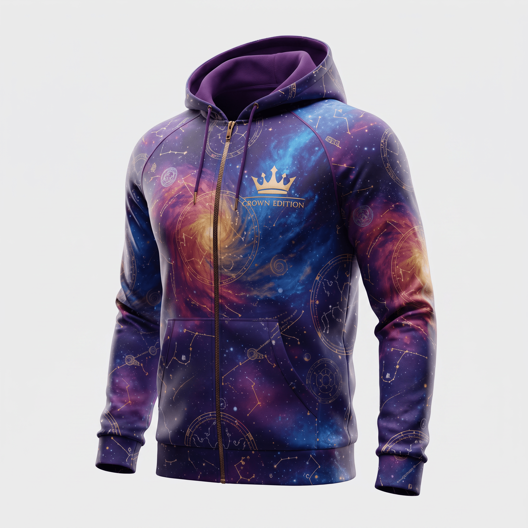 Purple galaxy print zip-up hoodie featuring gold star charts and a Crown Edition logo on the chest.