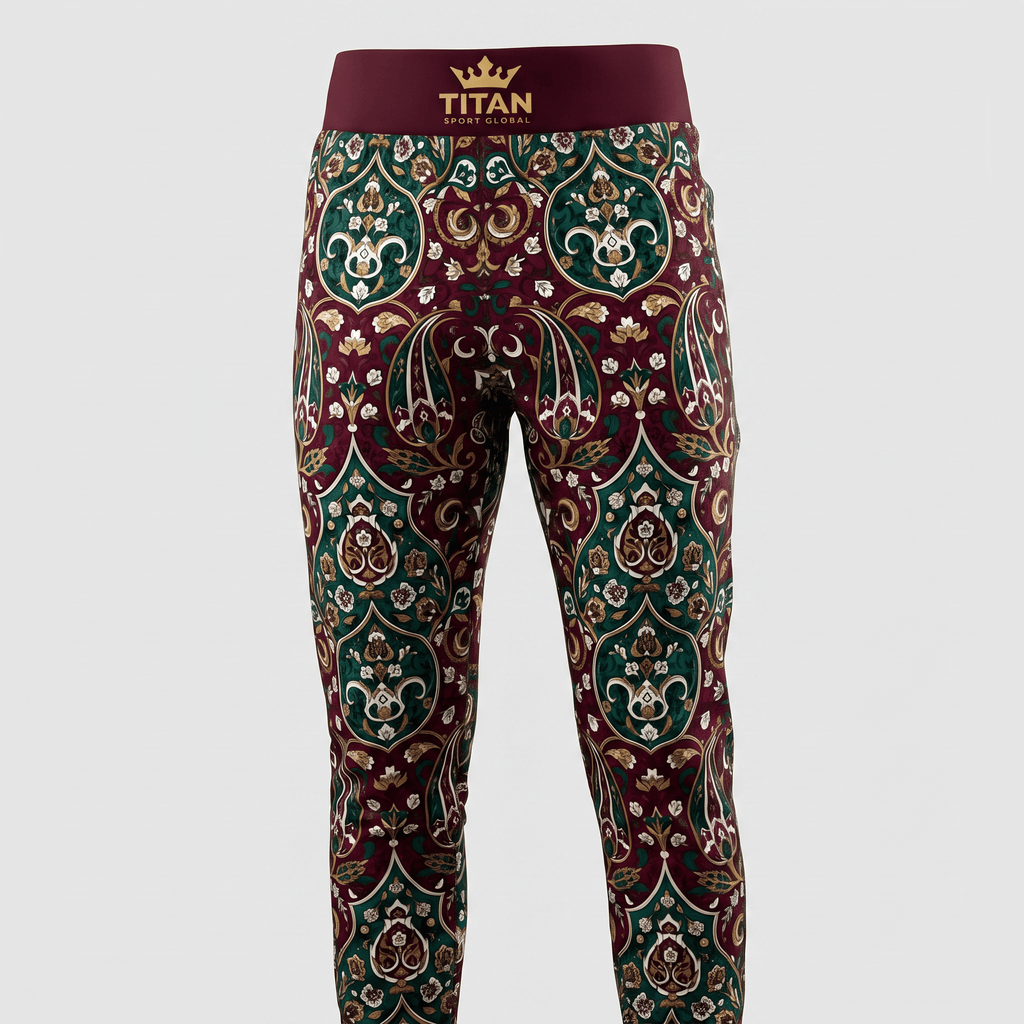 Maroon leggings featuring a green, white, and gold damask pattern and a wide Titan Sport Global waistband.