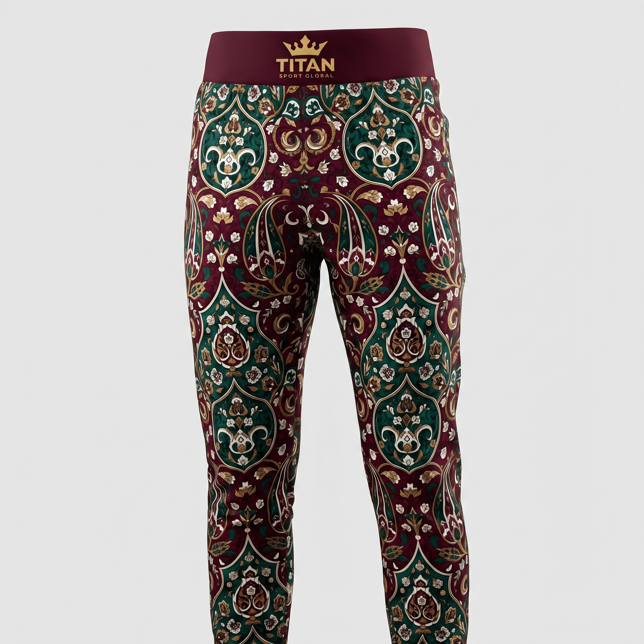 Maroon leggings featuring a green, white, and gold damask pattern and a wide Titan Sport Global waistband.