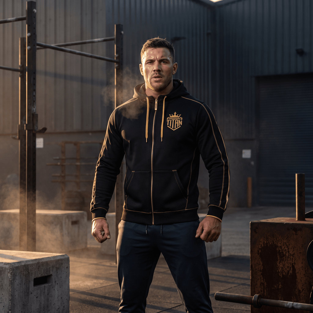 Male athlete standing outdoors wearing black and gold TITAN cropped zip-up hoodie