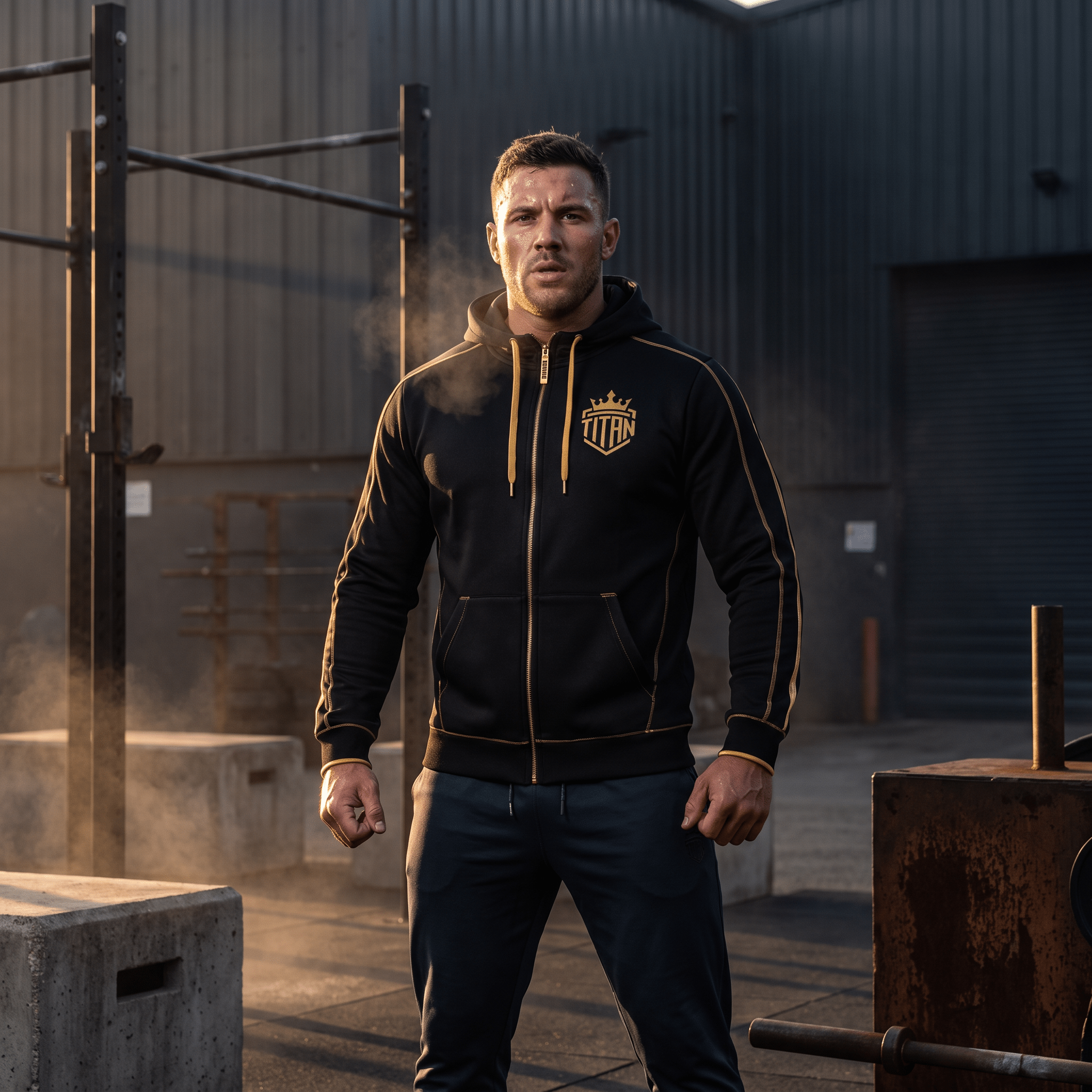 Male athlete standing outdoors wearing black and gold TITAN cropped zip-up hoodie