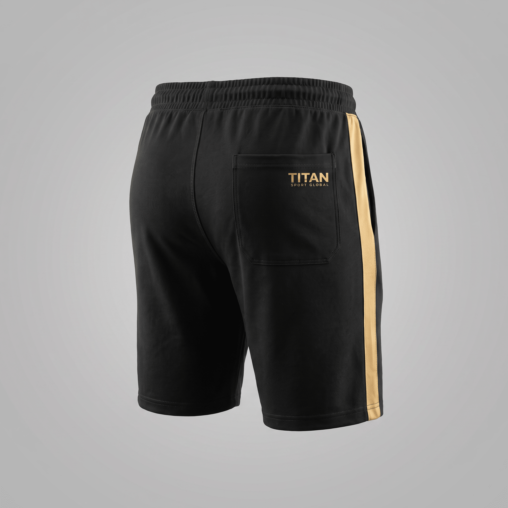 Black athletic shorts from behind with gold side stripes, back pocket, and gold Titan Sport Global logo.