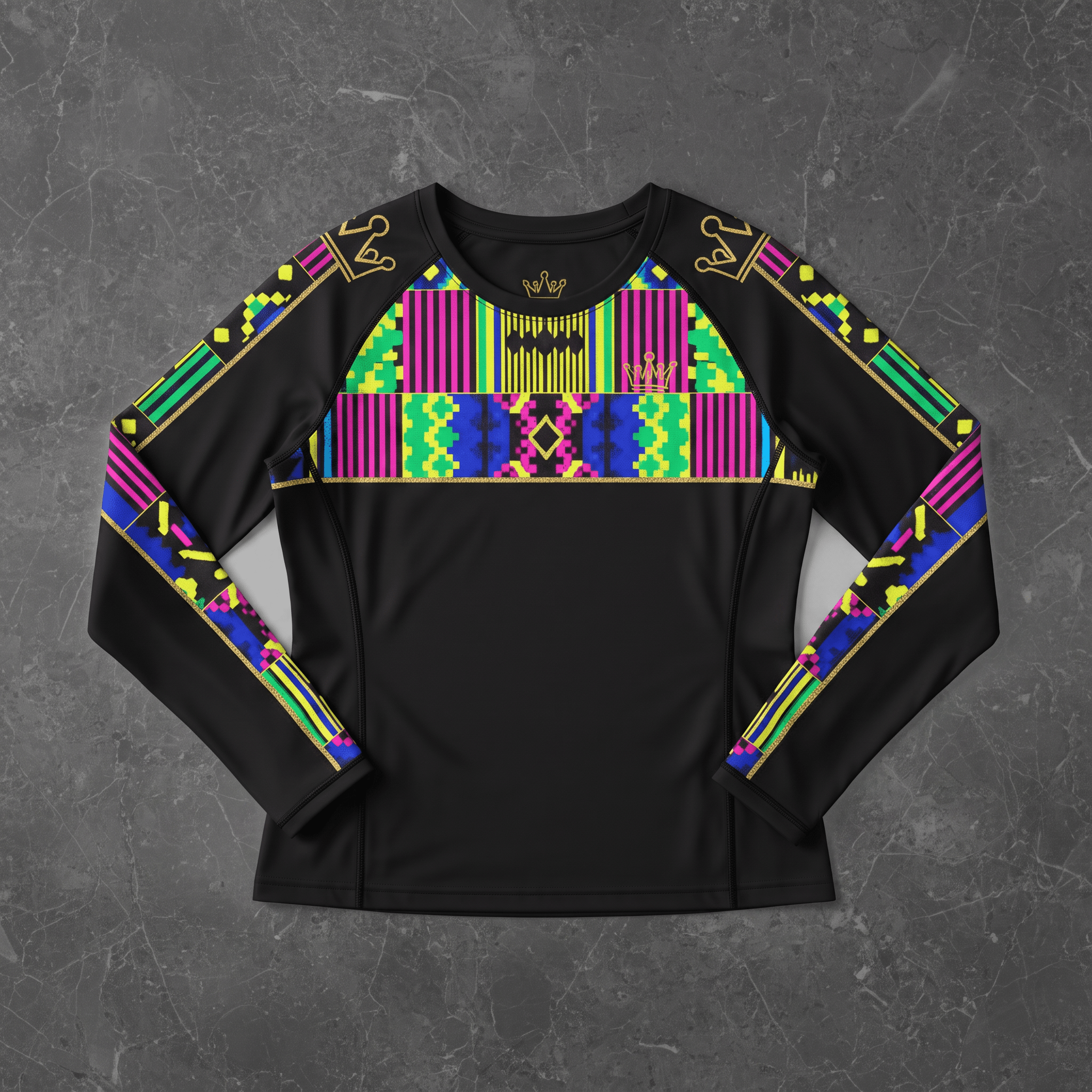 Black long-sleeve rash guard featuring vibrant neon kente print panels and gold crown details on shoulders.