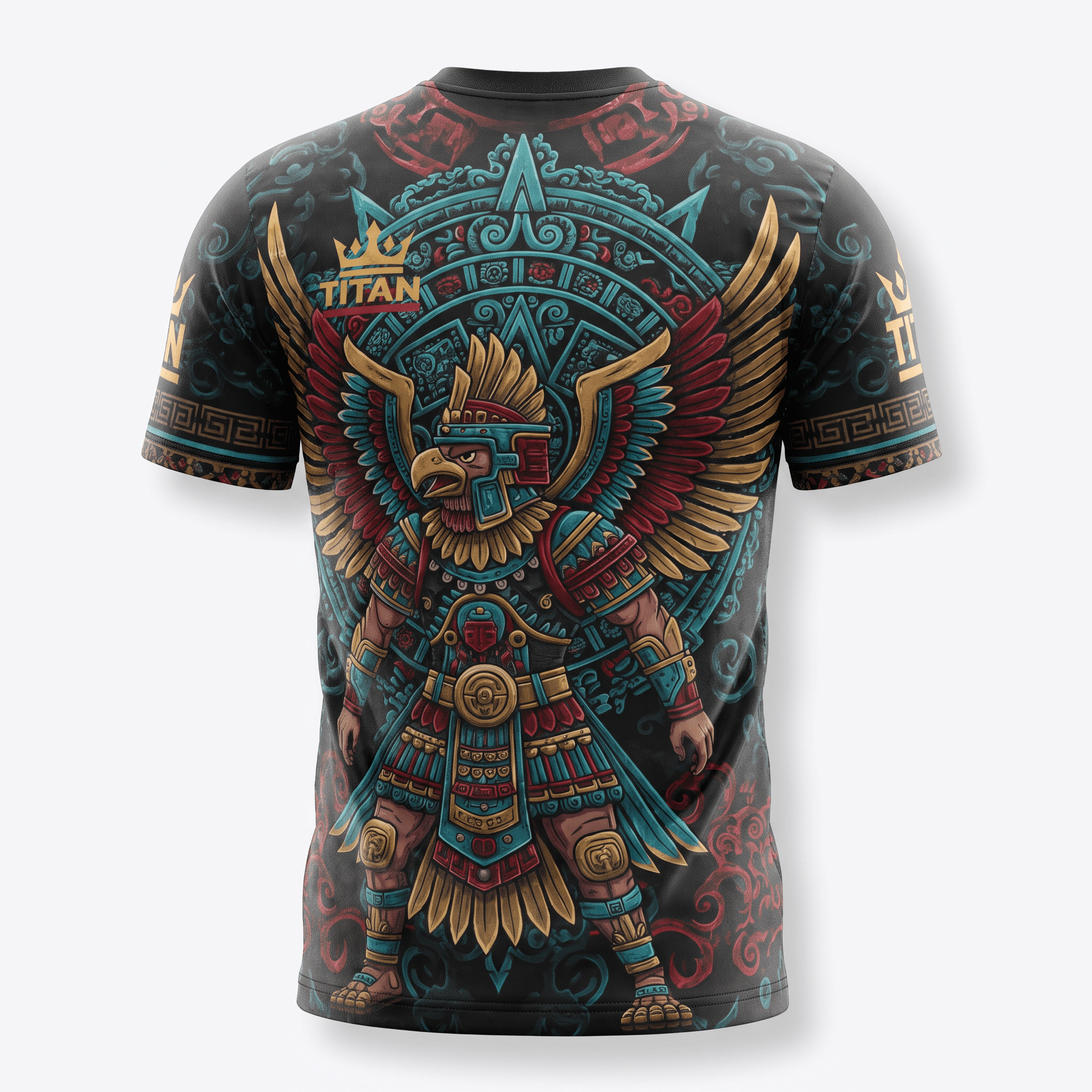 Back of a black t-shirt with an Aztec eagle warrior graphic, featuring teal, red, and gold details.