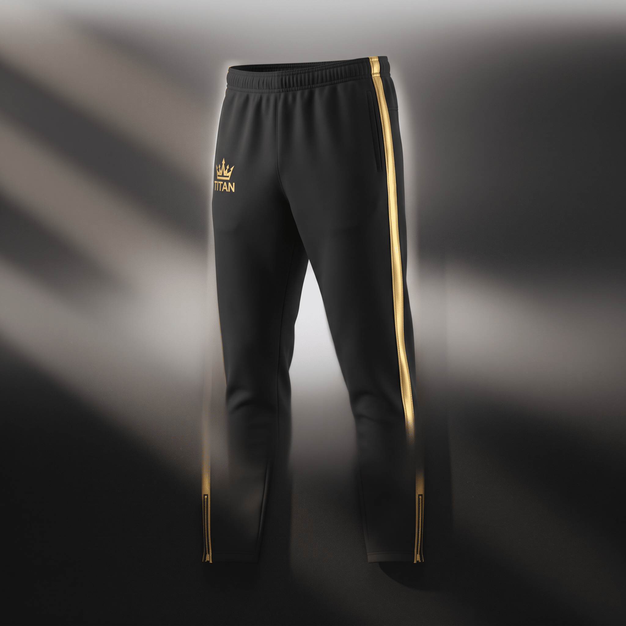 Black athletic sweatpants featuring gold side stripes, a matching gold crown logo, and zippered ankle cuffs.