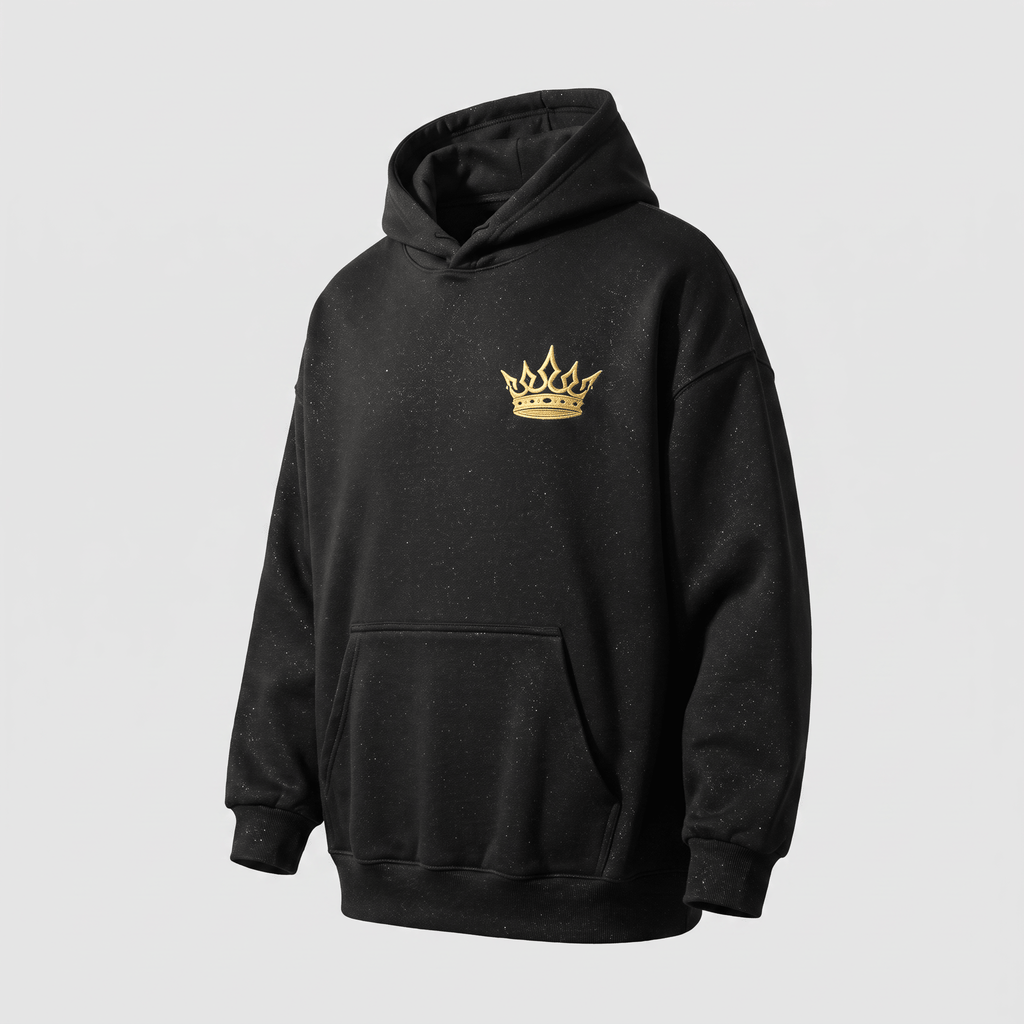 Black speckled hoodie featuring an embroidered gold crown logo on the chest, casual style.