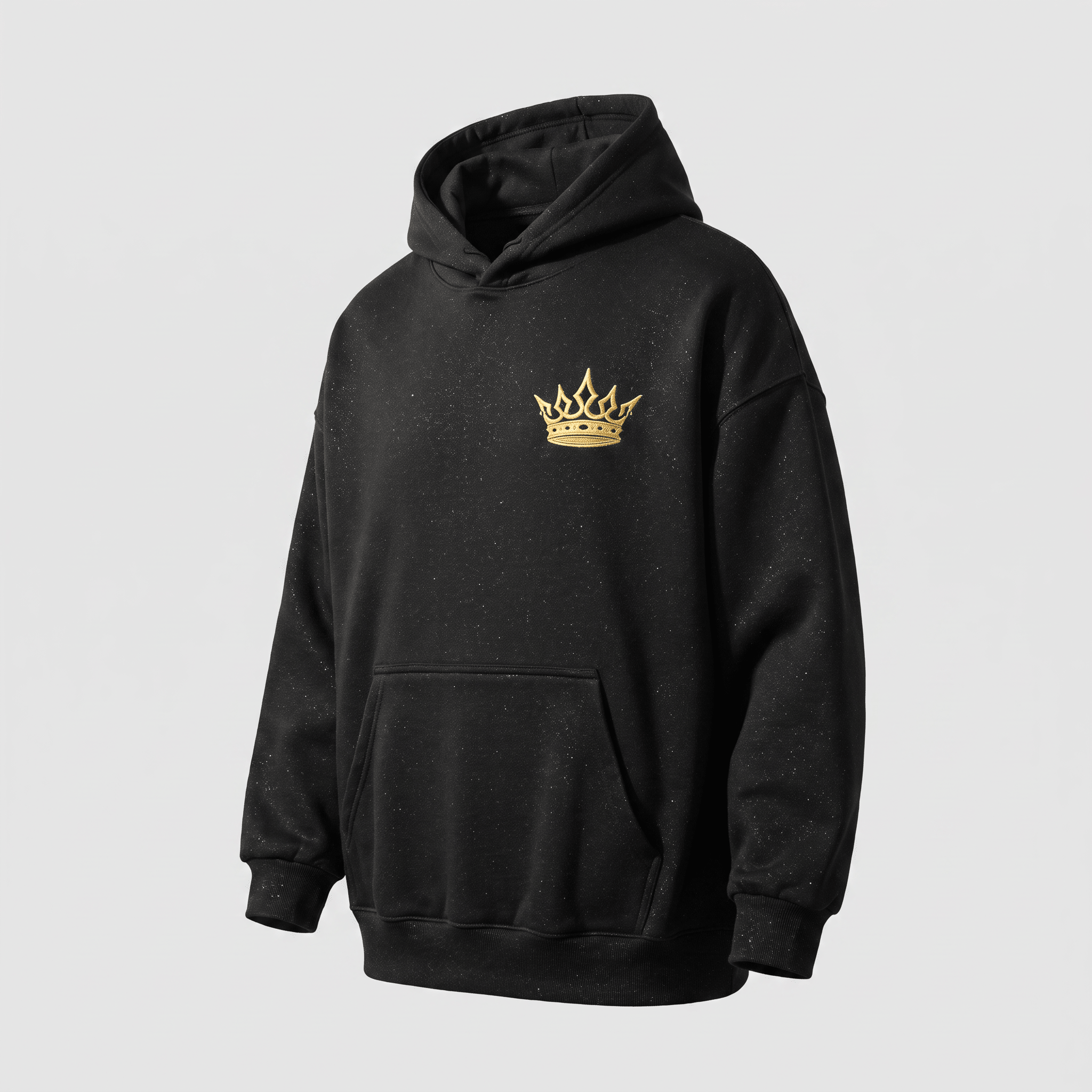 Black speckled hoodie featuring an embroidered gold crown logo on the chest, casual style.