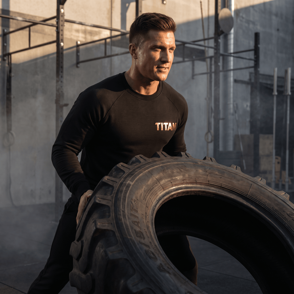 An athlete in a black Titan organic sweatshirt flips a heavy tire during a workout in a gym.