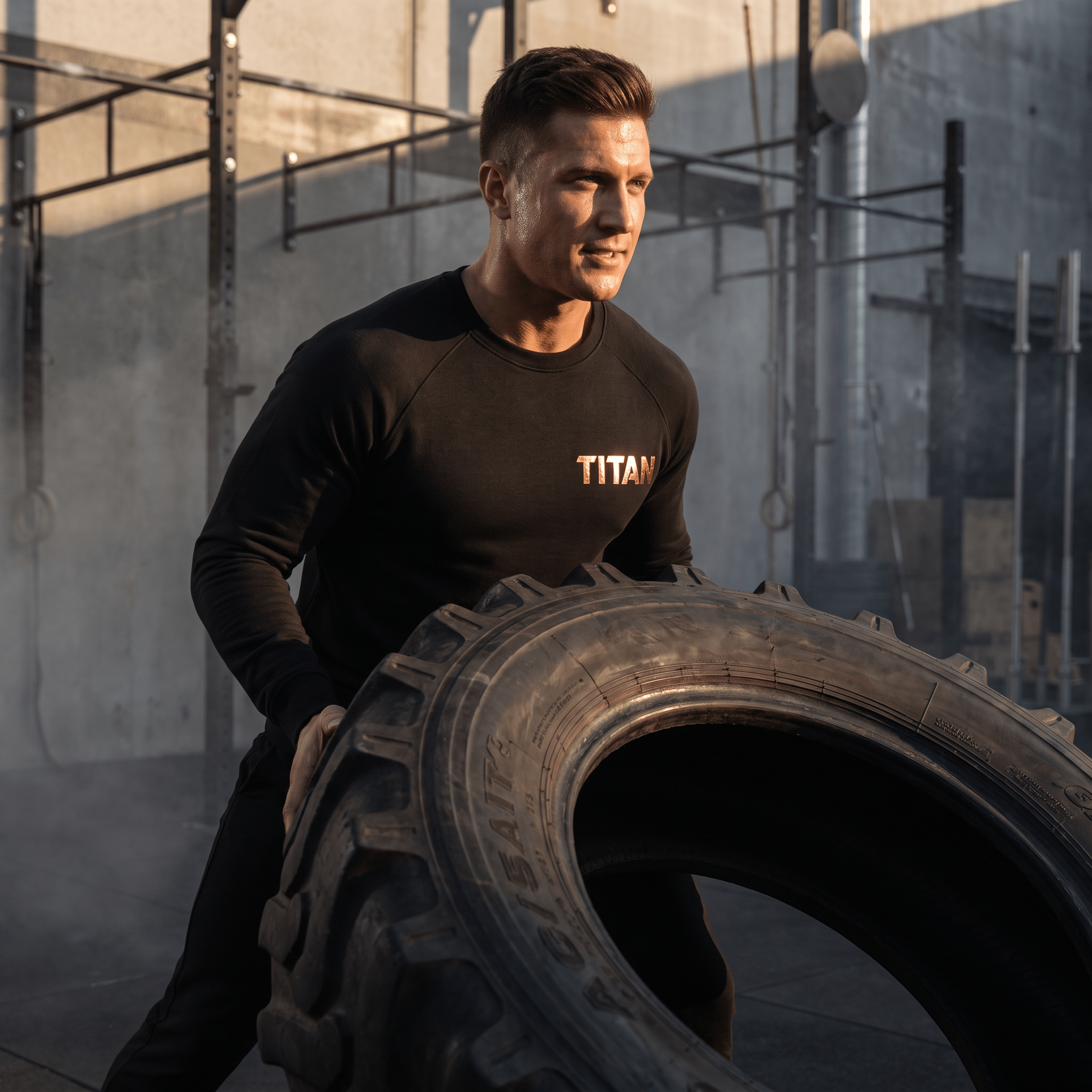 An athlete in a black Titan organic sweatshirt flips a heavy tire during a workout in a gym.