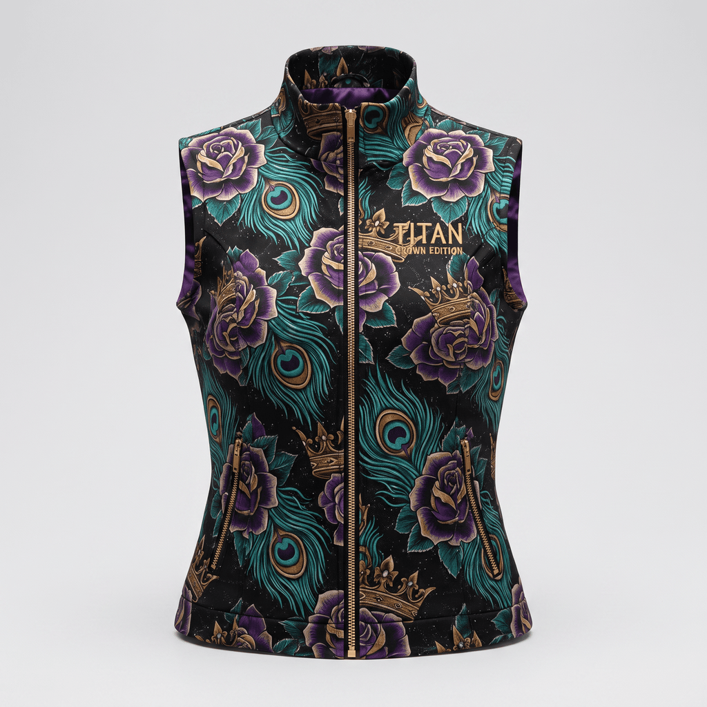 Black zip-up vest featuring purple roses, teal peacock feathers, and gold crowns against a starry background.