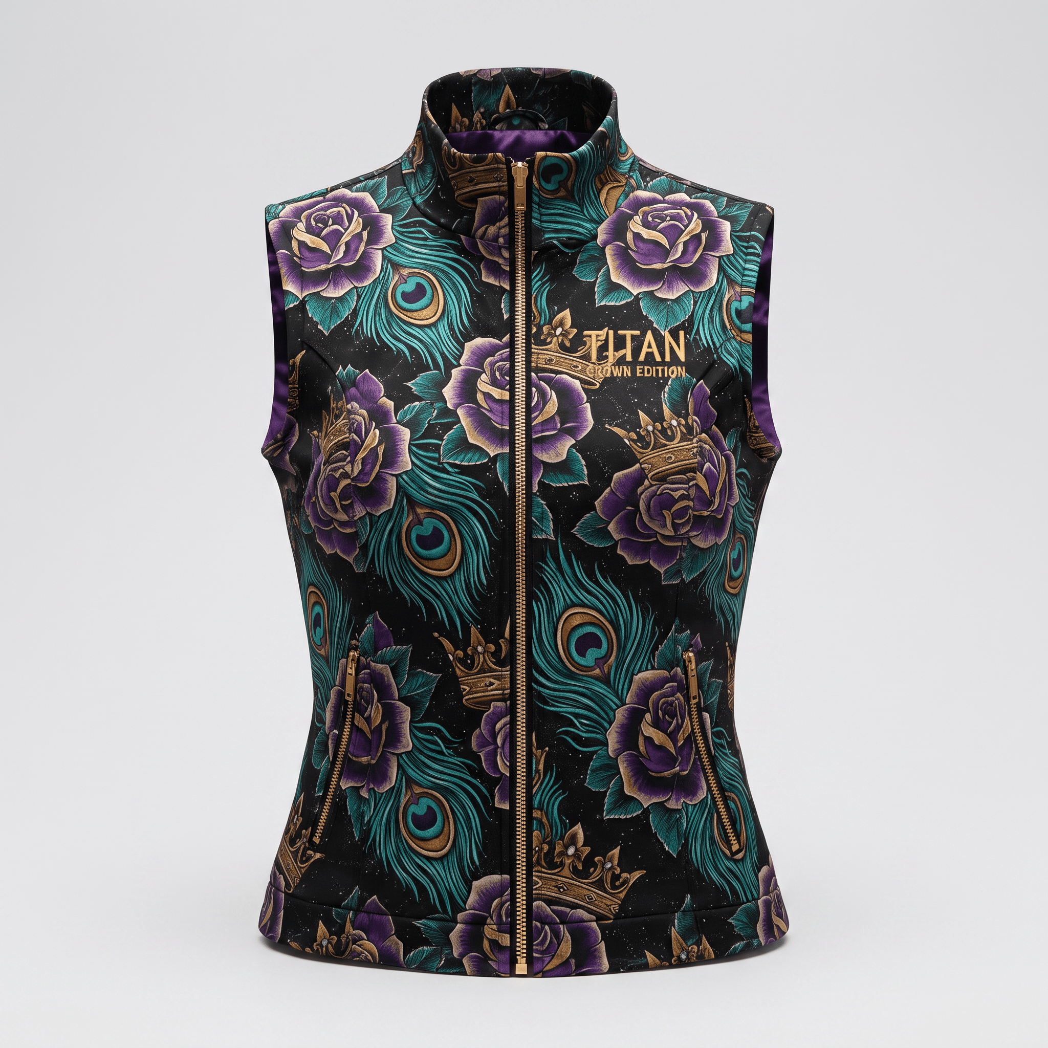 Titan Crown Edition zip-up vest in black with purple roses, teal peacock feathers, and gold accents.