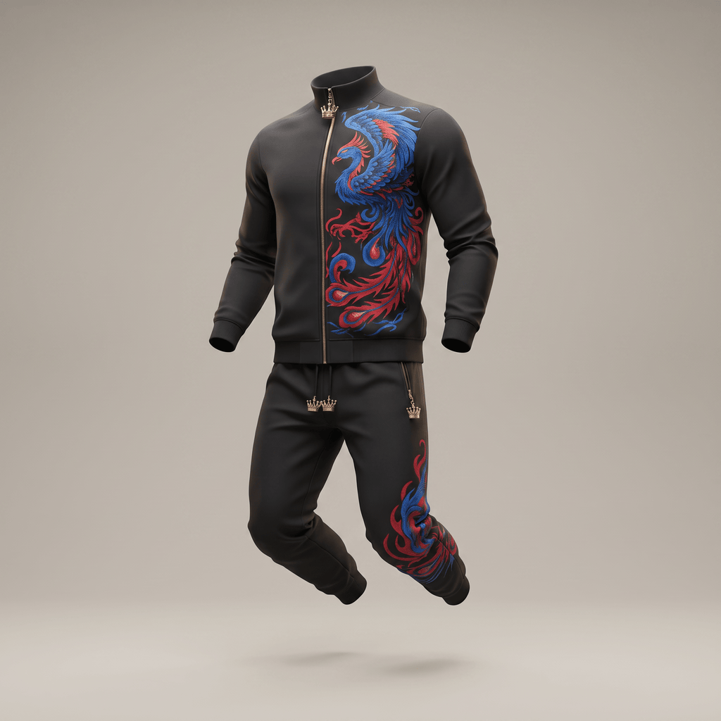Black tracksuit with red and blue embroidered phoenix design, mock neck jacket, and matching joggers.