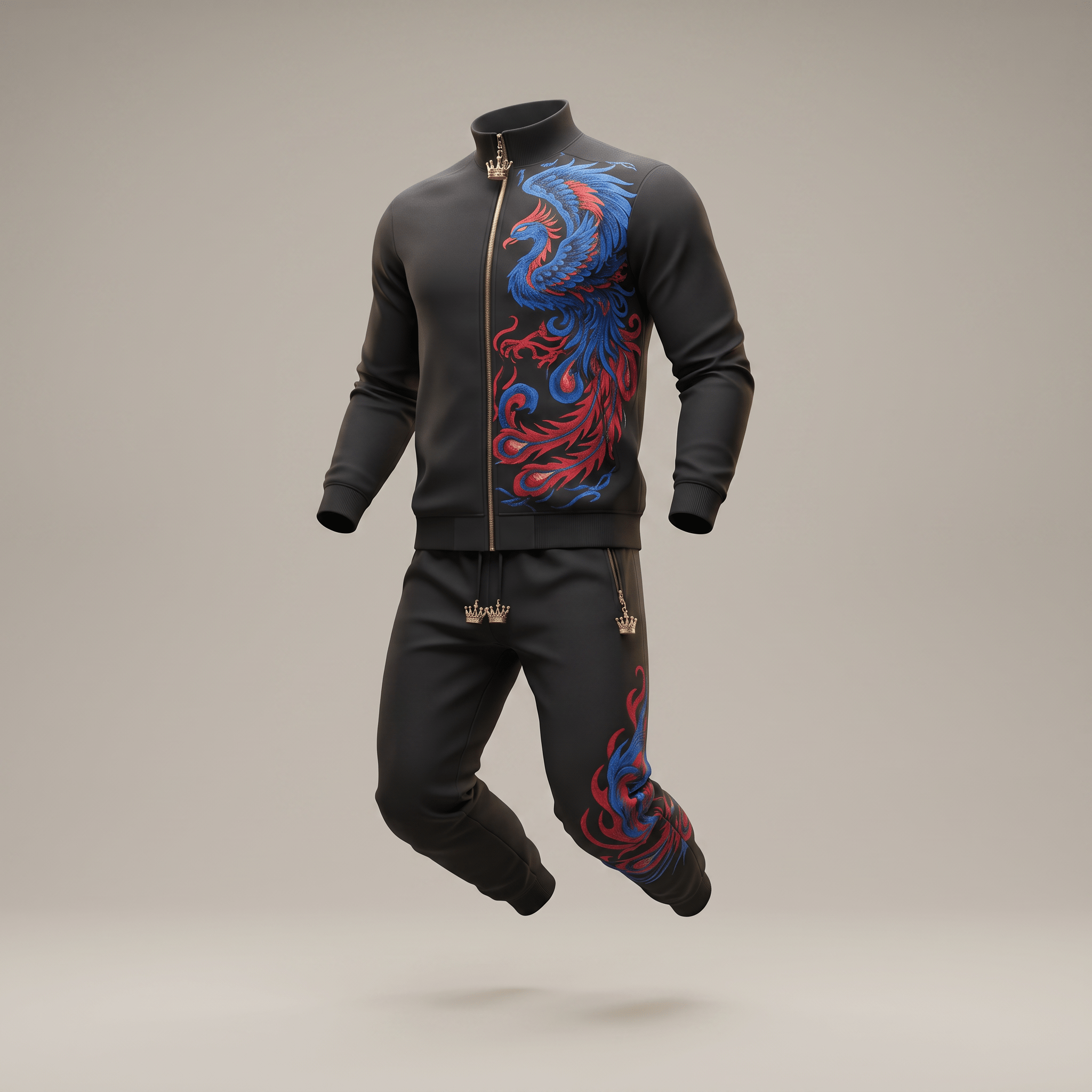 Black tracksuit with red and blue embroidered phoenix design, mock neck jacket, and matching joggers.