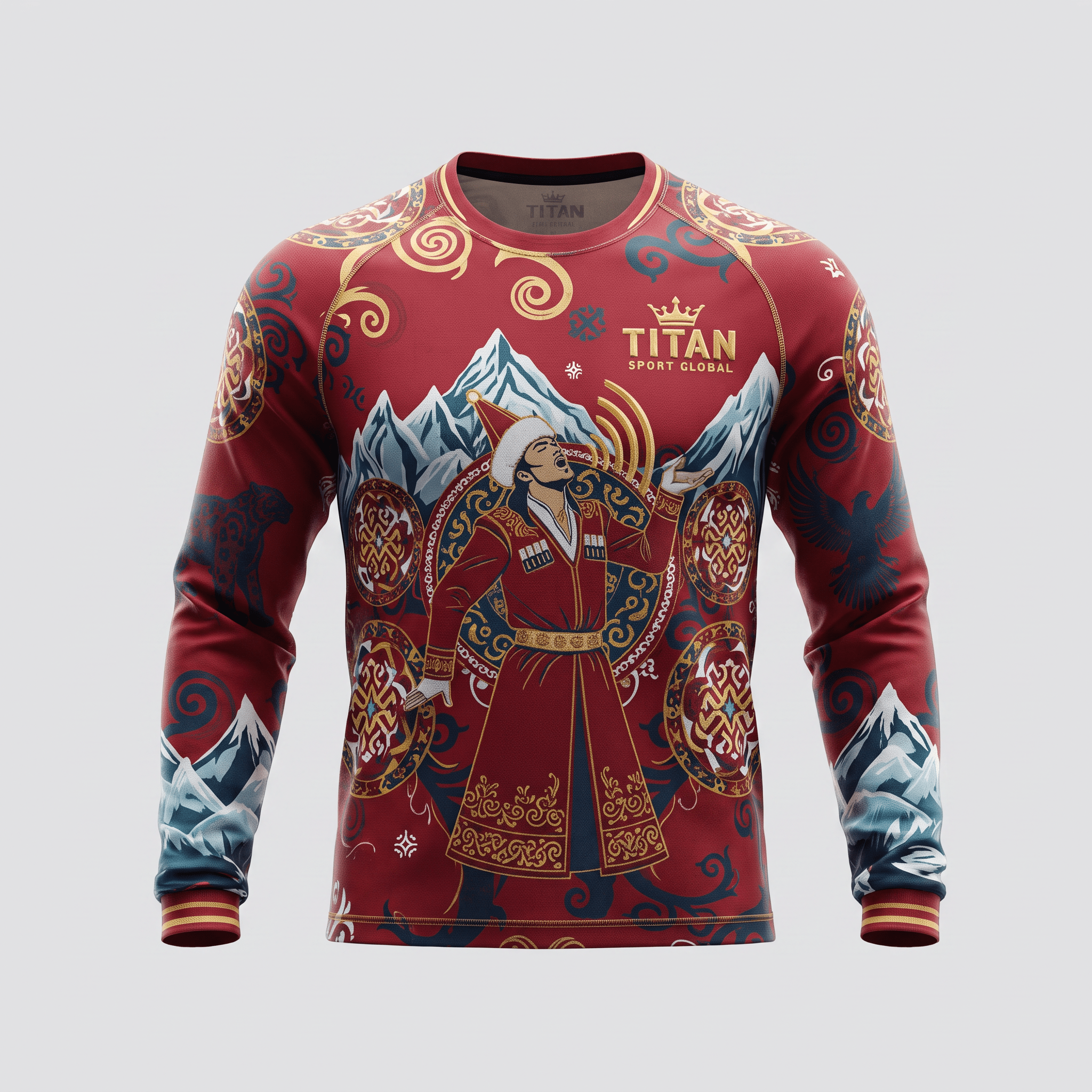 Red long-sleeve athletic shirt featuring traditional Kyrgyz cultural artwork, mountains, and a man in a kalpak.