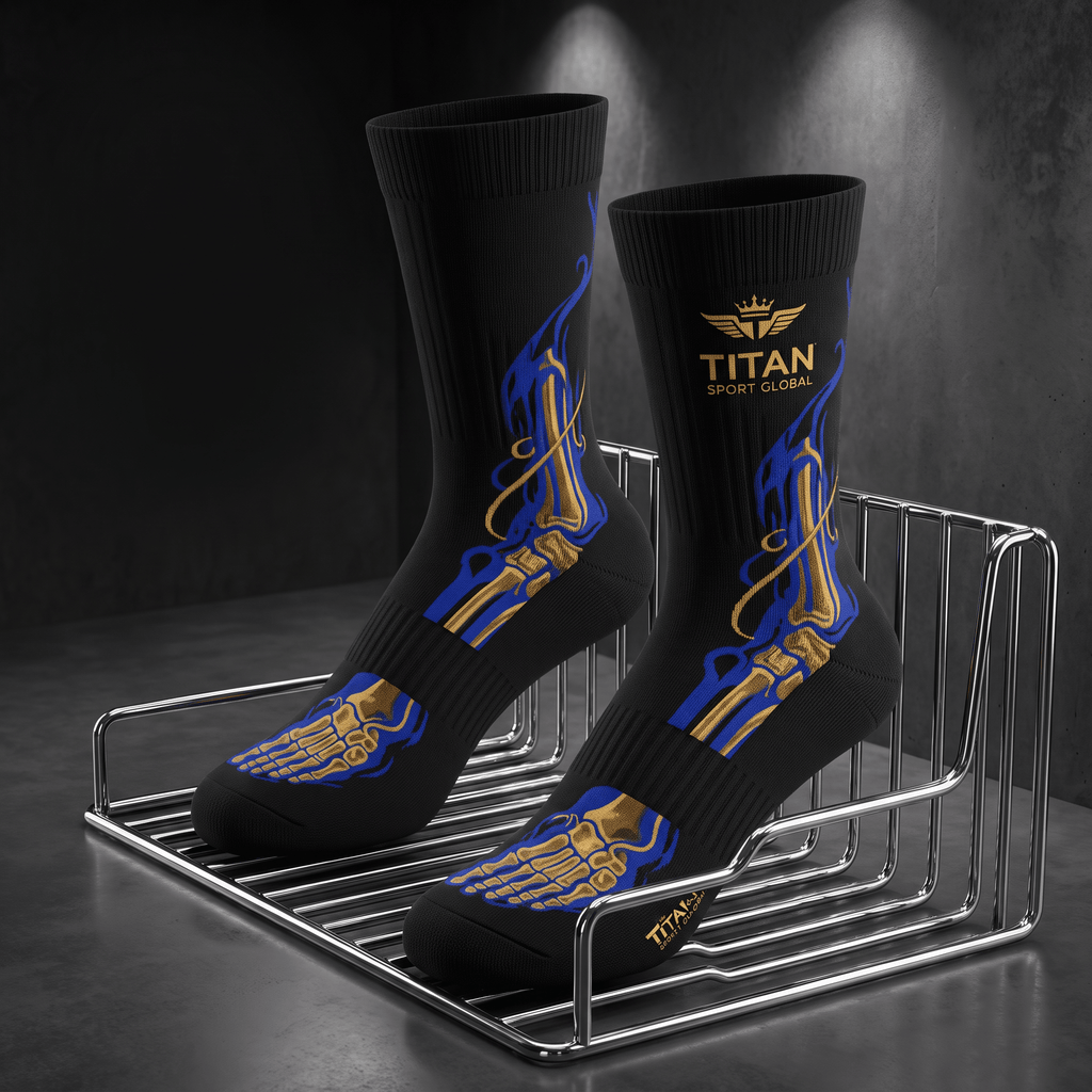 Black athletic socks with gold skeleton foot bones and blue flame graphics, featuring a gold Titan Sport Global logo.