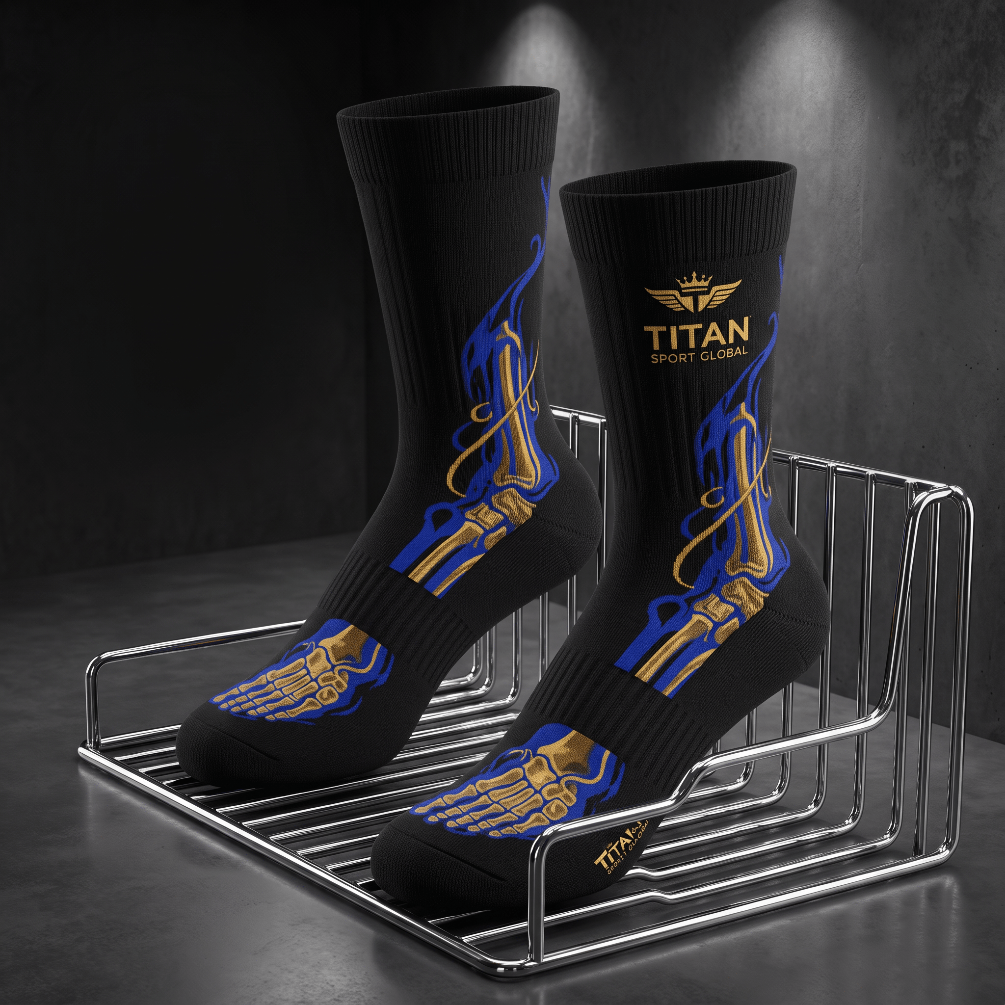Black athletic socks with gold skeleton foot bones and blue flame graphics, featuring a gold Titan Sport Global logo.