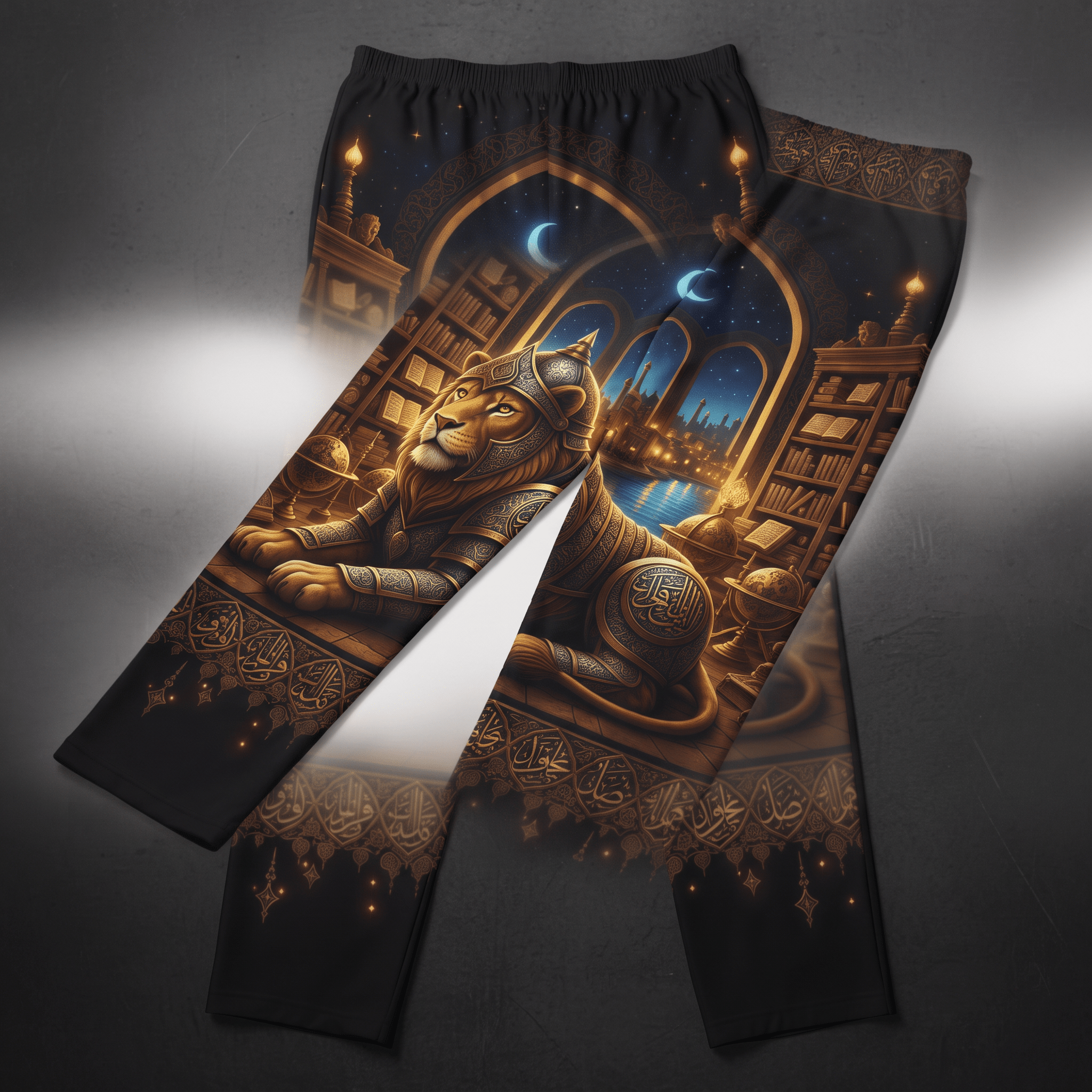 Black lounge pants featuring a detailed gold print of an armored lion in a library.