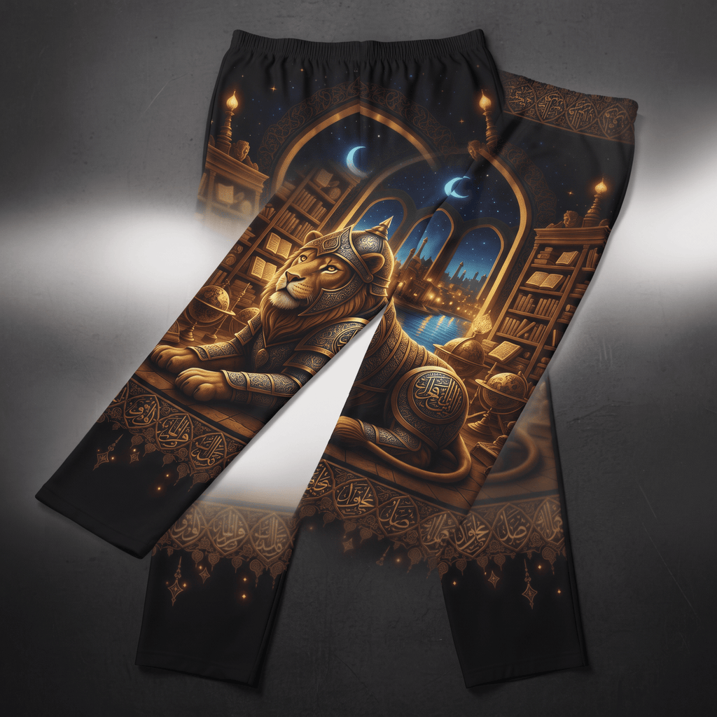 Black lounge pants featuring a detailed gold print of an armored lion in a library.