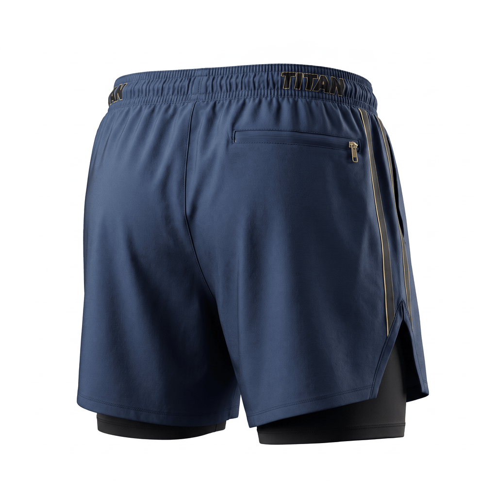 Back view of navy blue athletic training shorts with black compression liner and zippered back pocket.