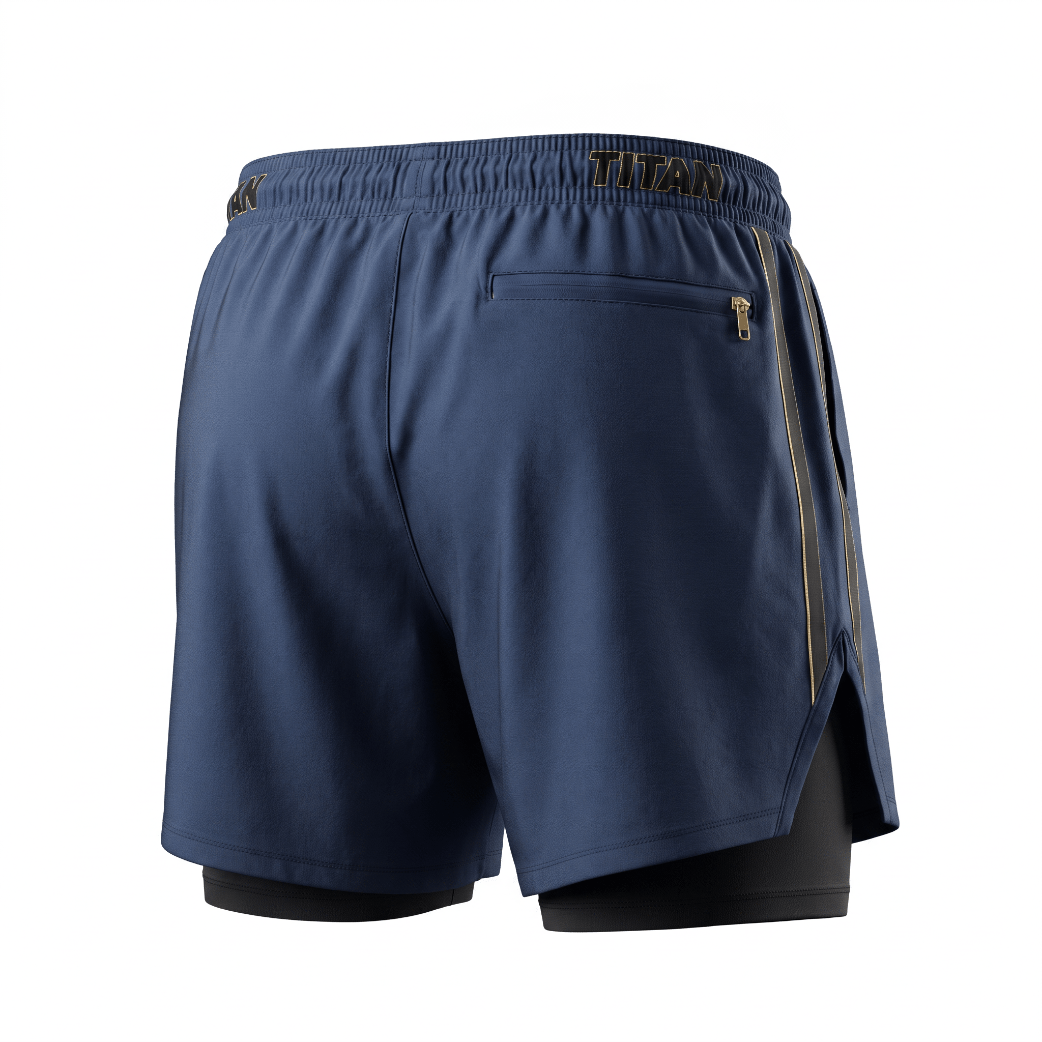 Back view of navy blue athletic training shorts with black compression liner and zippered back pocket.