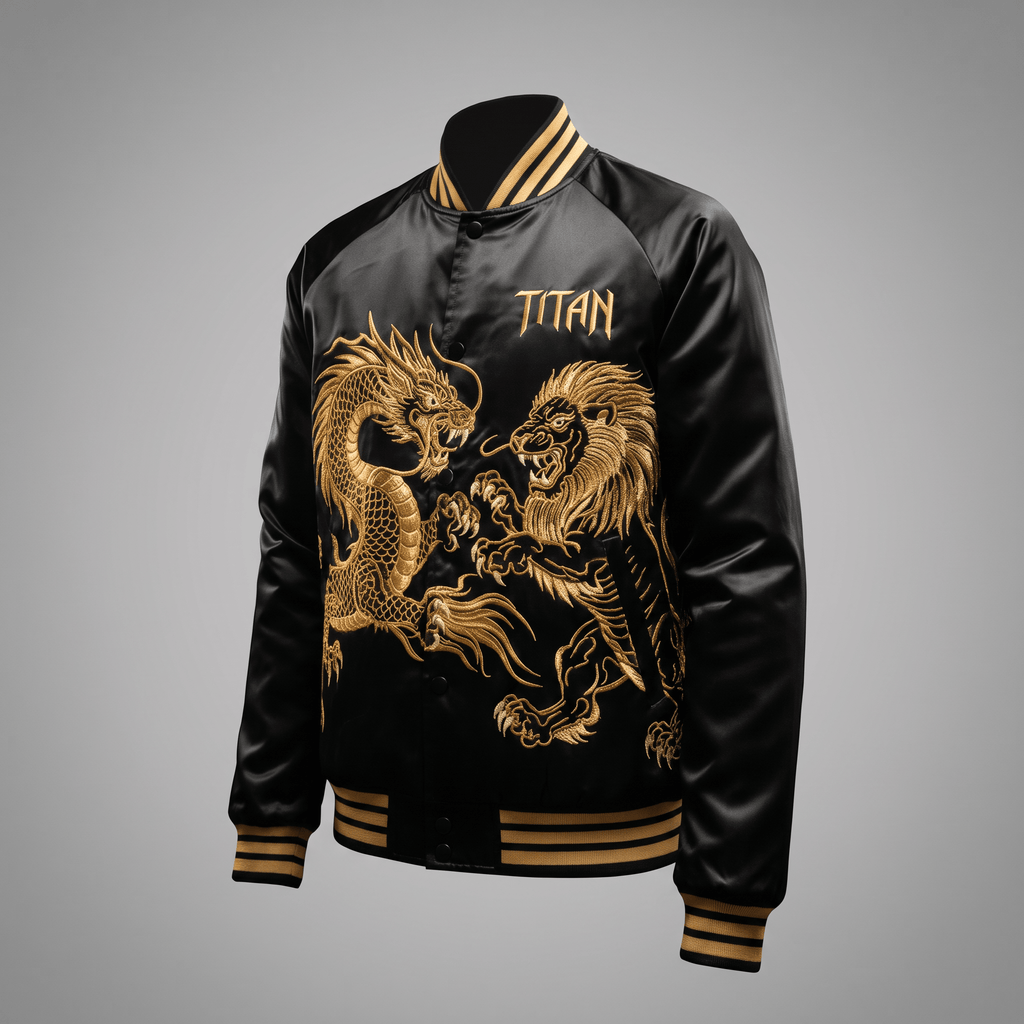 Black and gold satin bomber jacket with embroidered dragon and lion graphics and Titan branding.