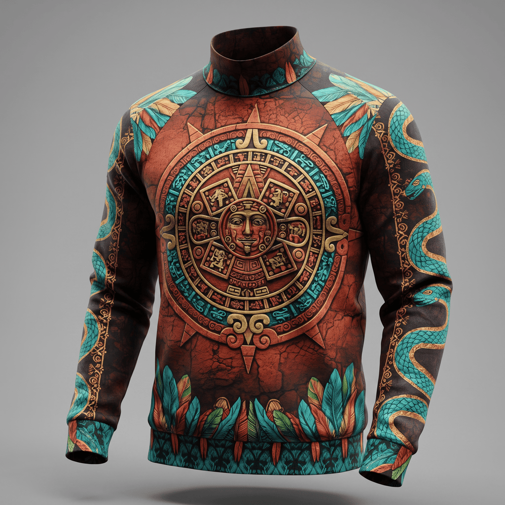 Red mock neck sweatshirt featuring an Aztec calendar print, turquoise snakes, and feather trim.
