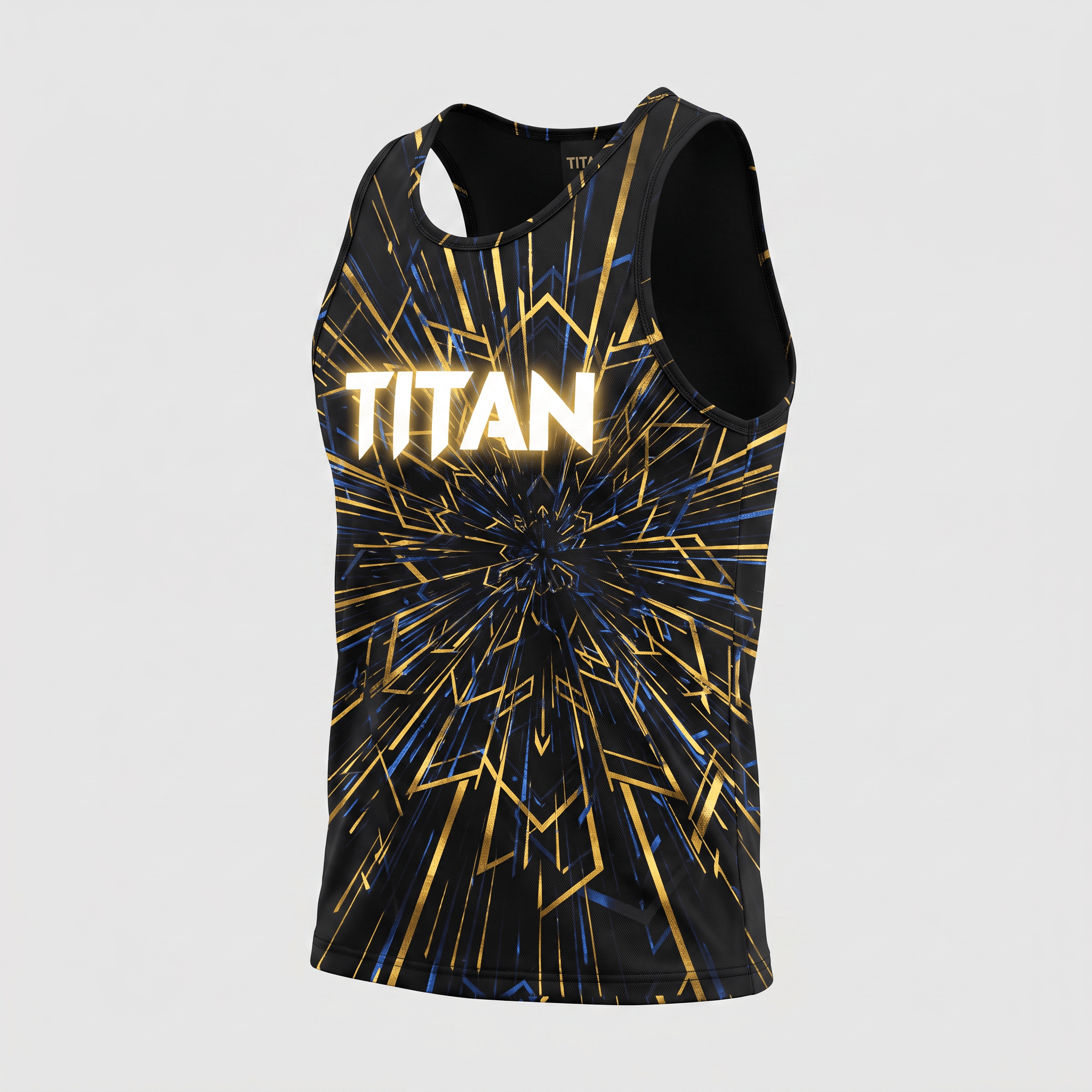 Black athletic tank top featuring a glowing white Titan logo and gold and blue abstract geometric burst design.