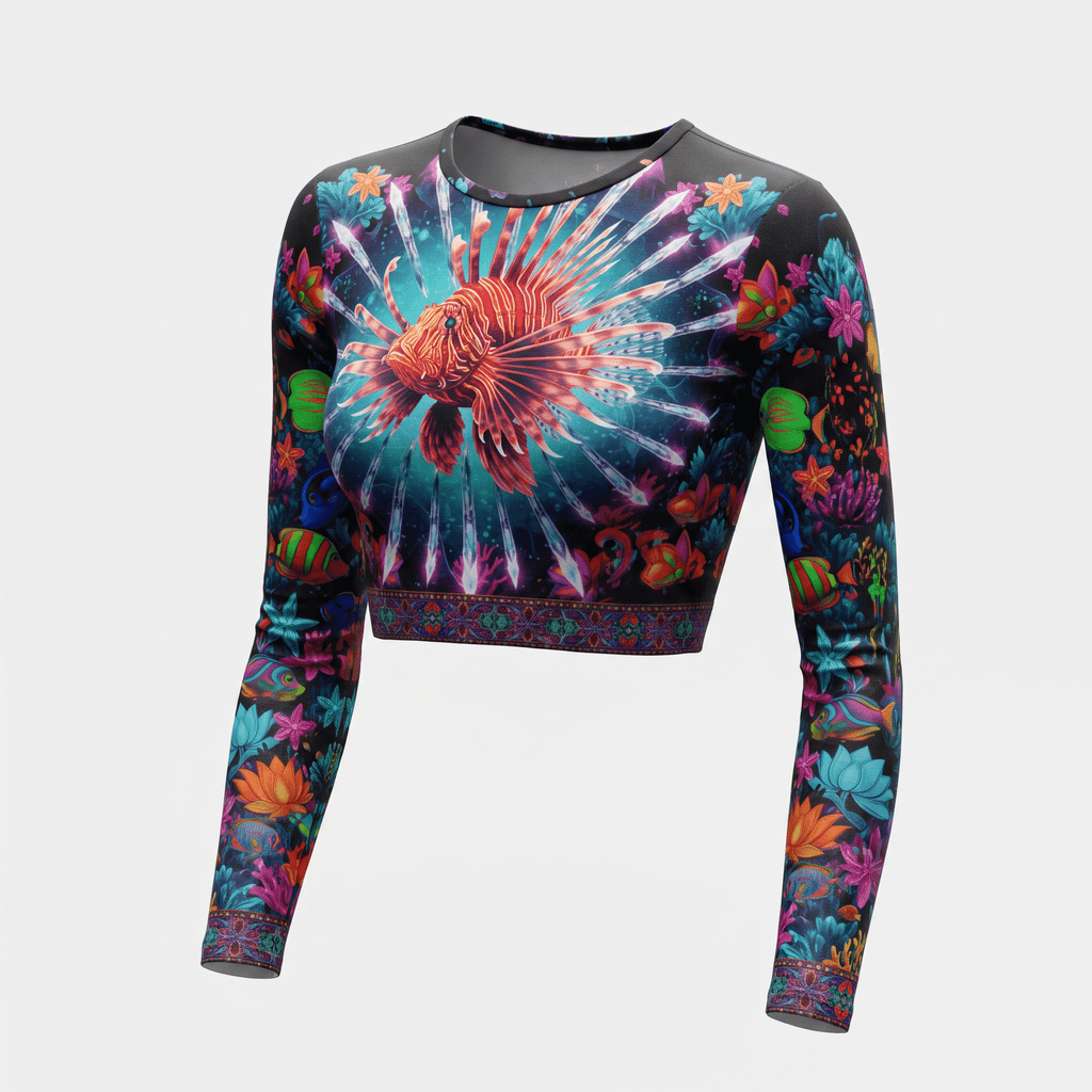 Long-sleeve crop top with a vibrant underwater lionfish and coral reef print on a dark background.