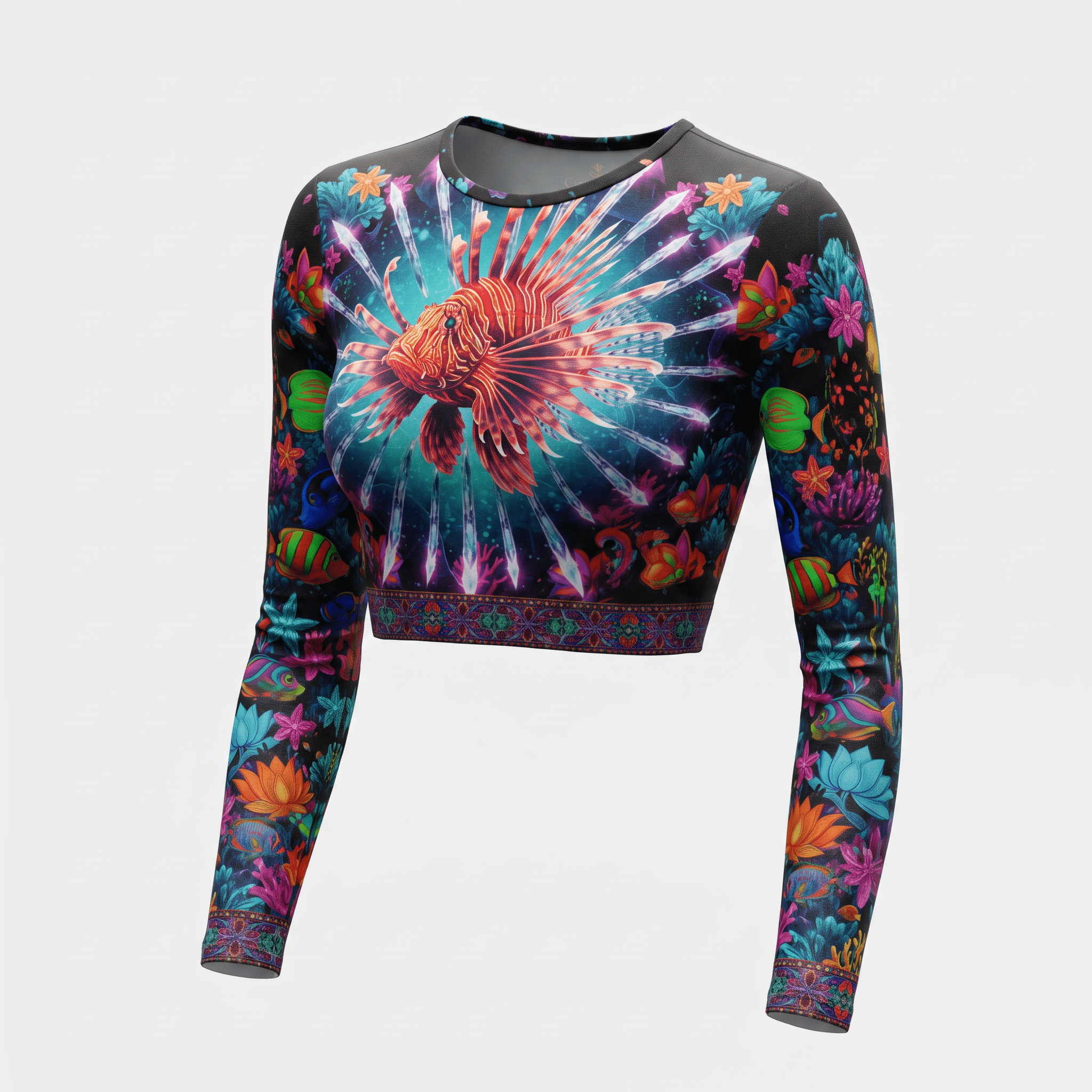 Long-sleeve crop top with a vibrant underwater lionfish and coral reef print on a dark background.