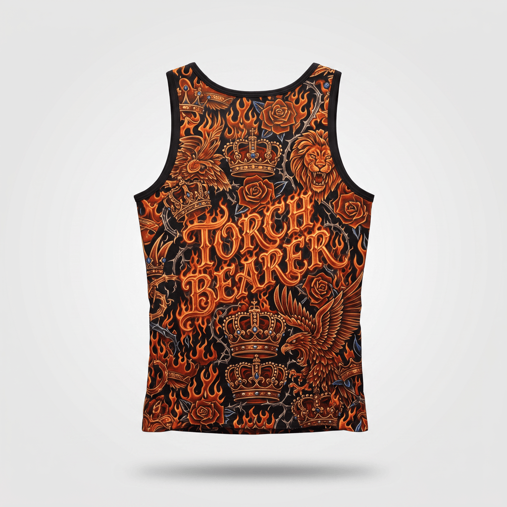 Black tank top featuring a vibrant orange graphic of Torch Bearer text, flames, lions, crowns, and roses.