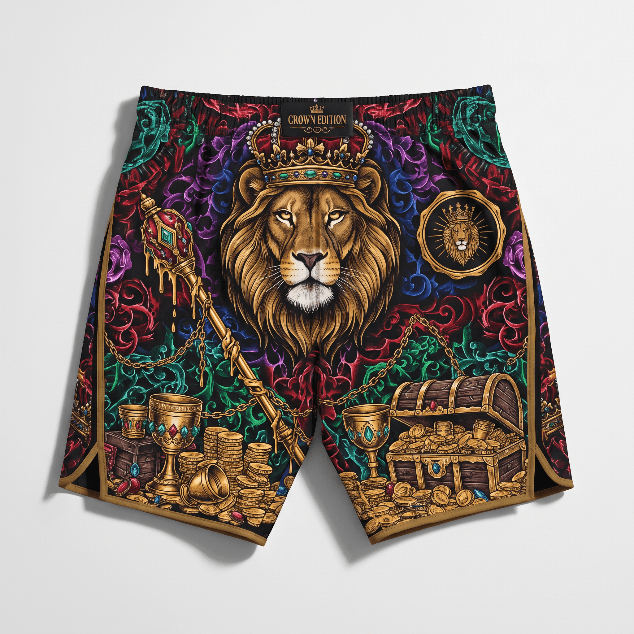 Black athletic shorts featuring a crowned lion, gold scepter, treasure chest, and vibrant floral baroque patterns.