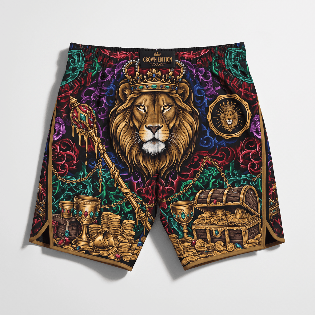 Black athletic shorts with an ornate crown lion, scepter, and treasure chest graphic print.
