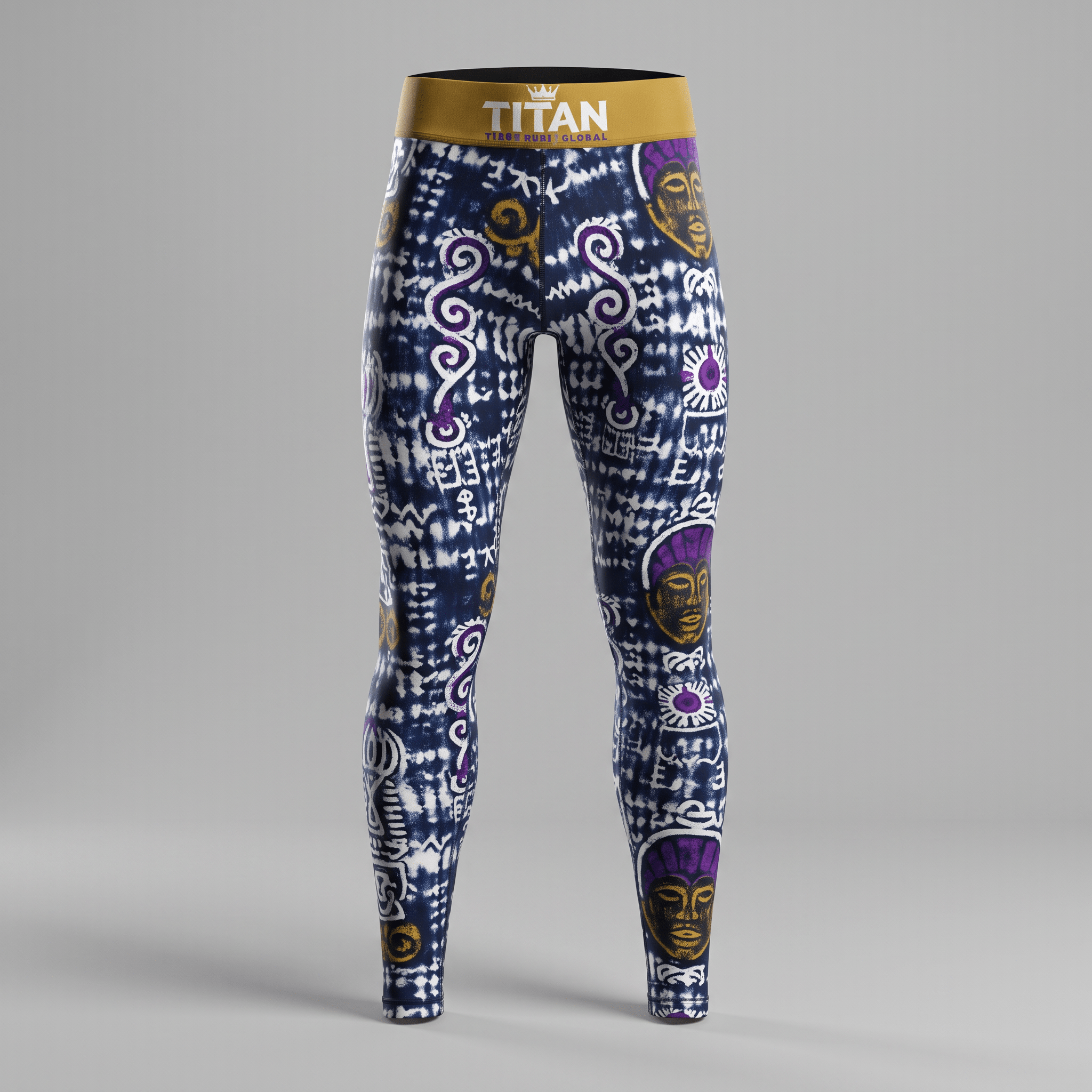 Titan athletic leggings in blue and white tie-dye with purple and gold ethnic art prints and gold waistband