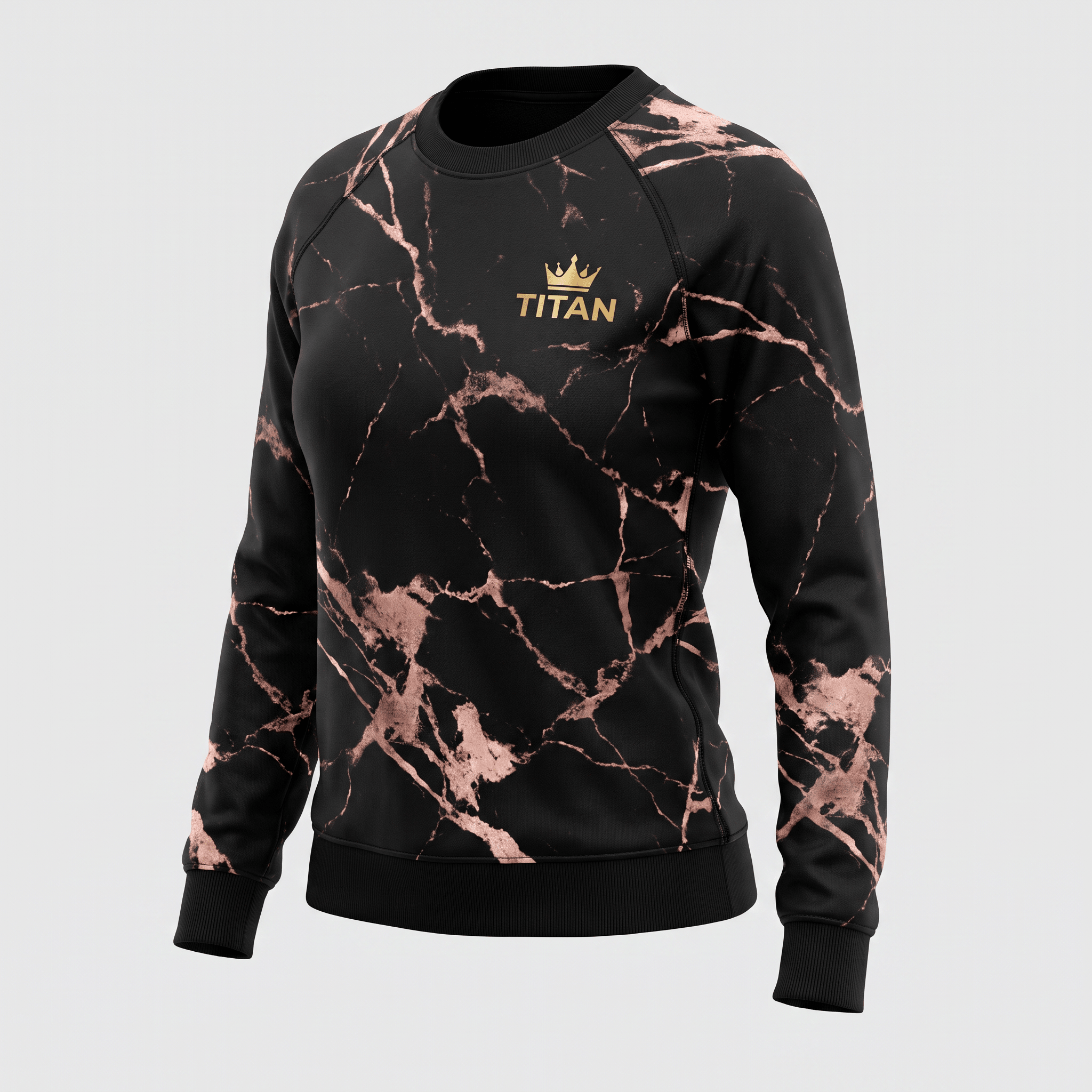 Black crewneck sweatshirt with pink marble pattern and gold Titan crown logo.