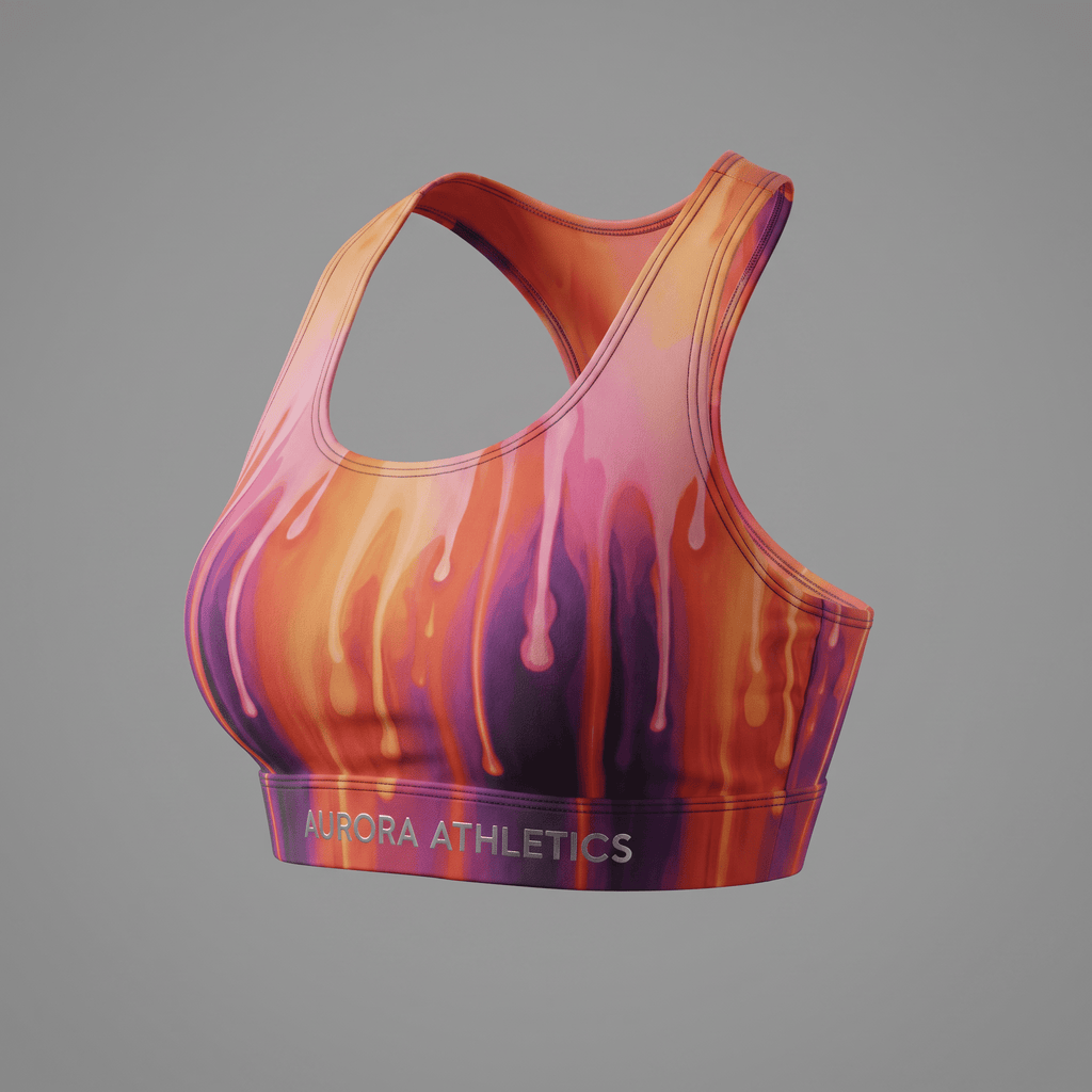 Aurora Athletics sports bra in orange and purple drip pattern on a grey background.