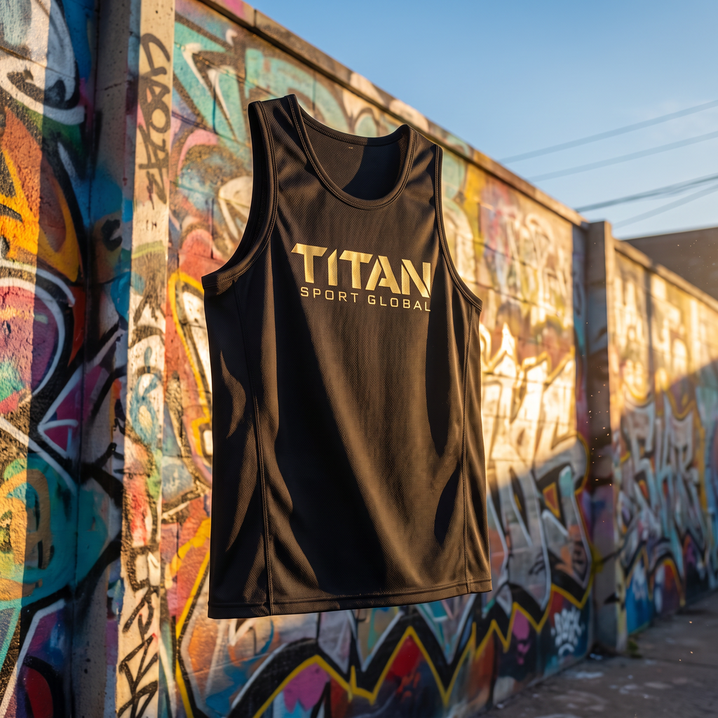 Black athletic tank top with gold "TITAN SPORT GLOBAL" logo, hanging against a graffiti-covered wall.