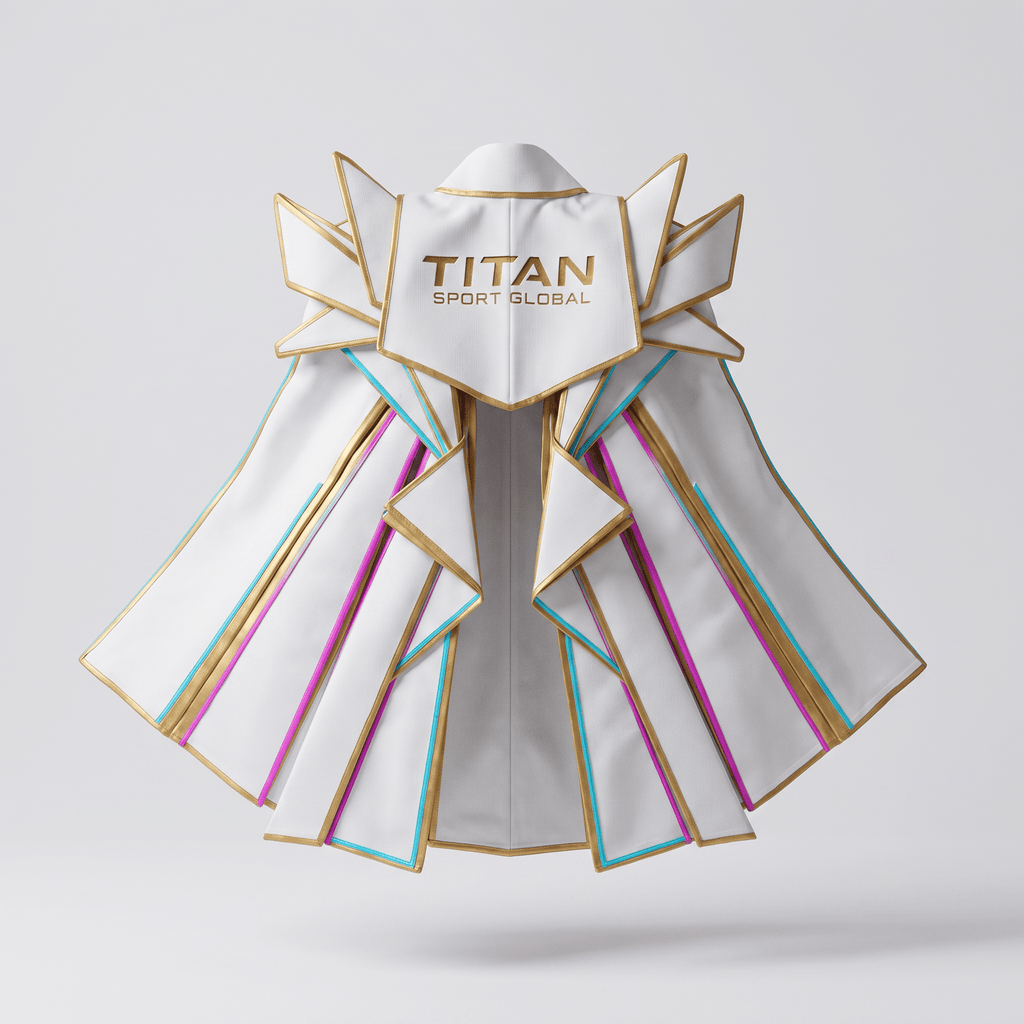 White esports cape featuring gold trim, blue and pink accents, and Titan Sport Global logo on the back.