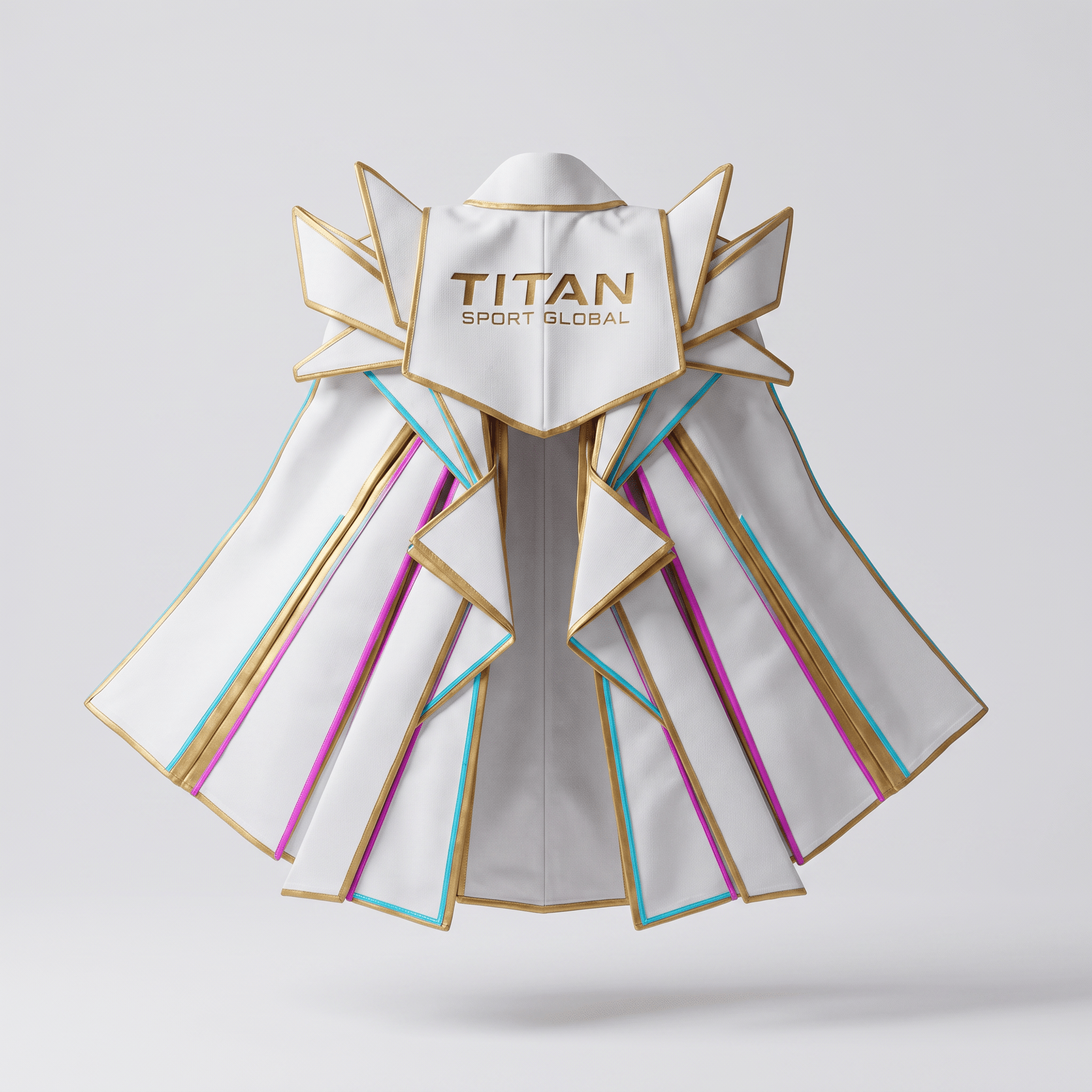 White esports cape featuring gold trim, blue and pink accents, and Titan Sport Global logo on the back.