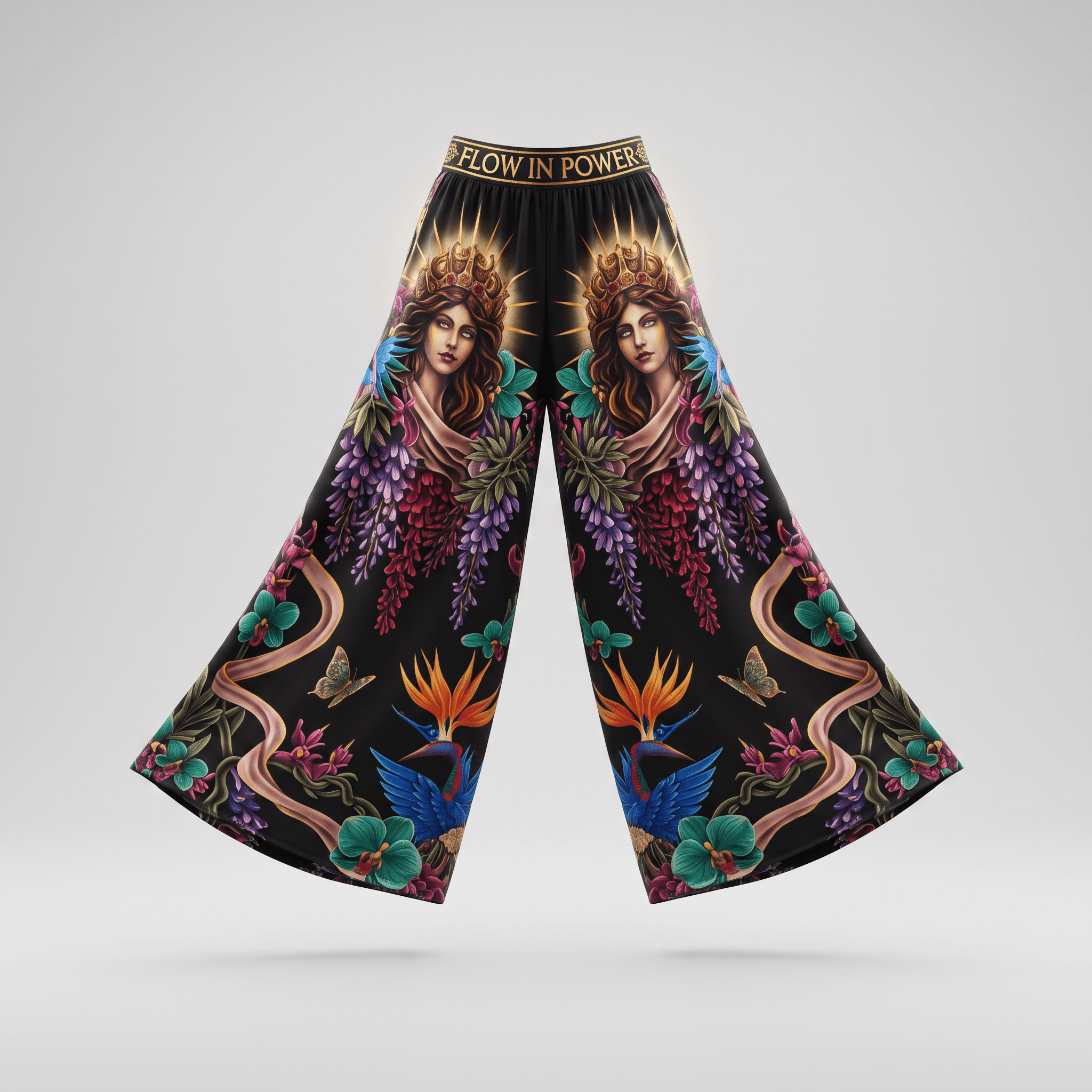 Black wide-leg trousers featuring a regal female graphic, flowers, and Flow in Power waistband text.