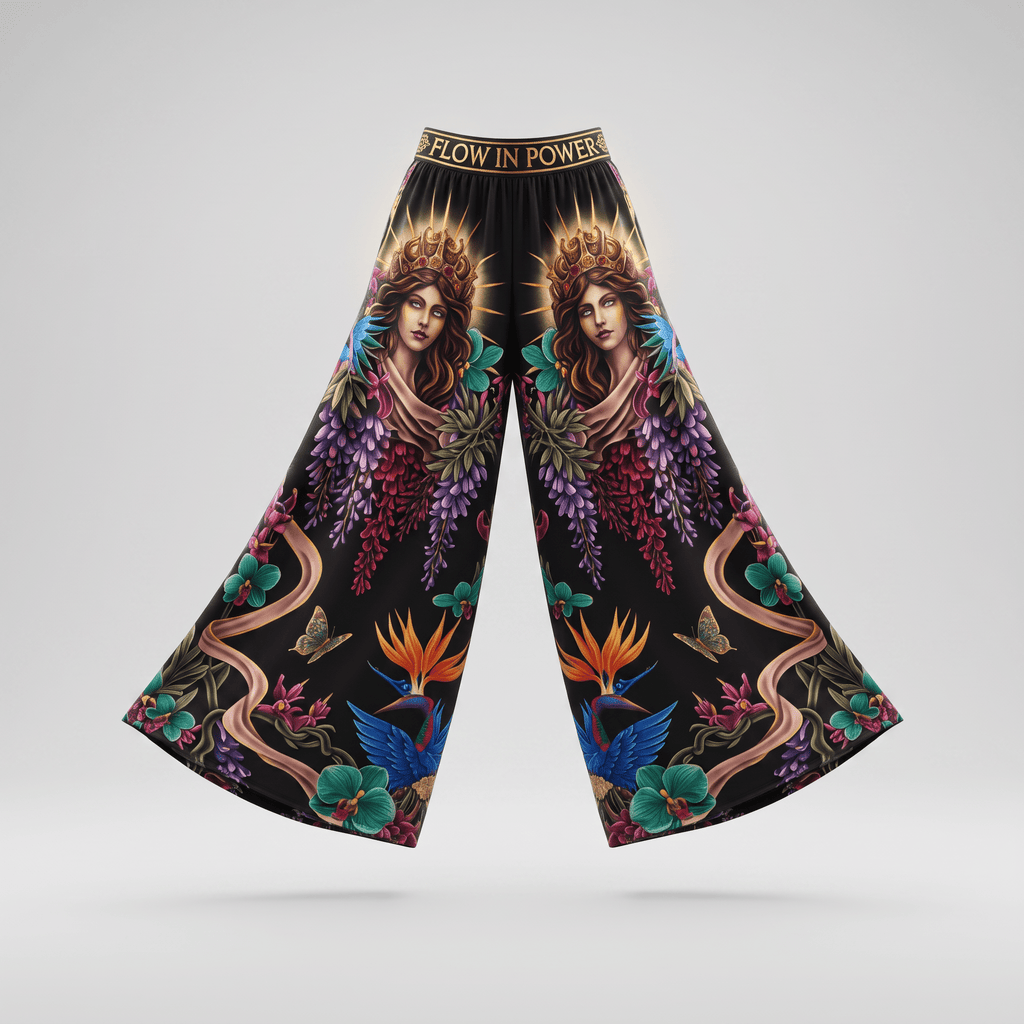 Black wide-leg trousers featuring a vibrant queen and floral print with Flow In Power waistband.
