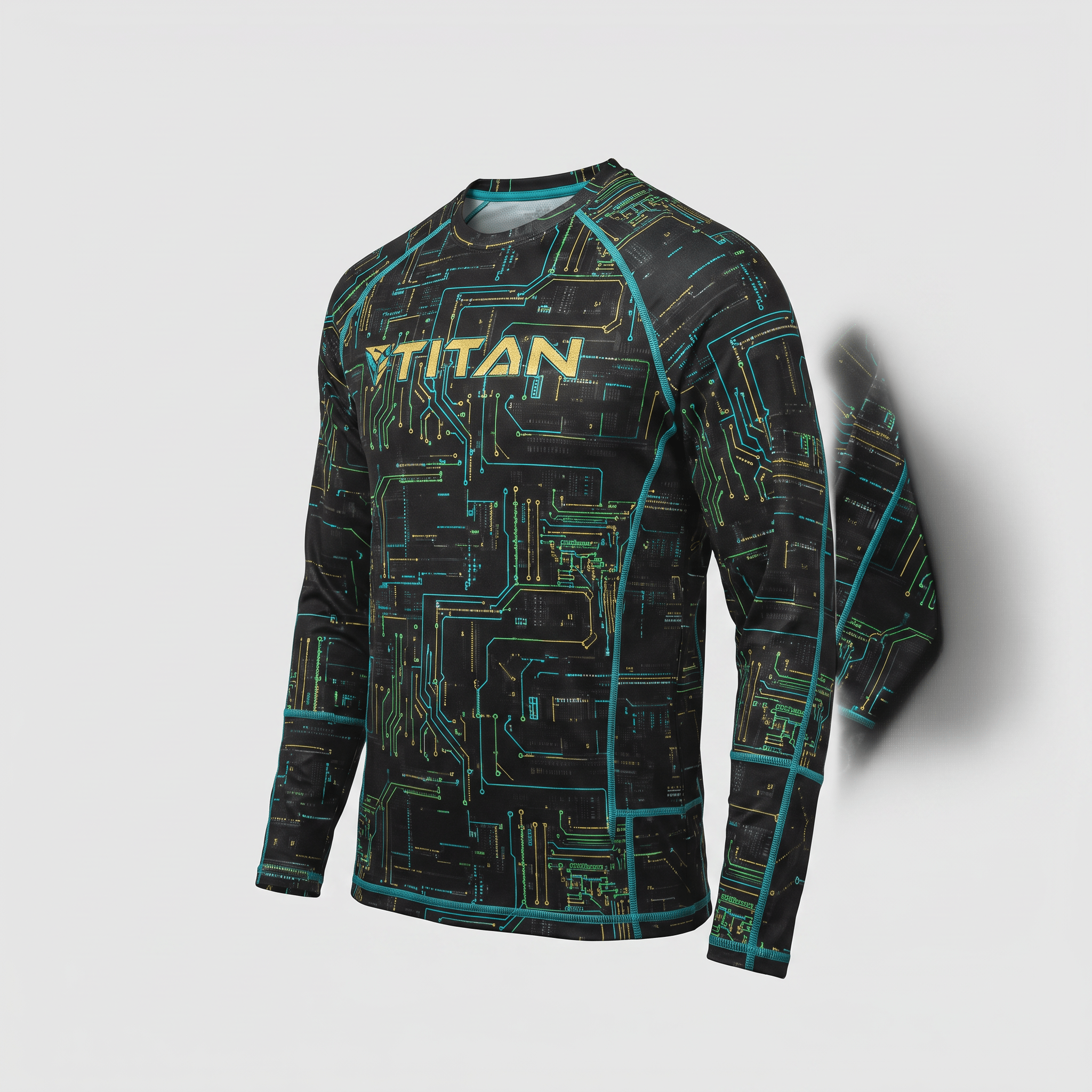 Titan black long sleeve rash guard with teal and gold circuit board pattern against a light gray background.