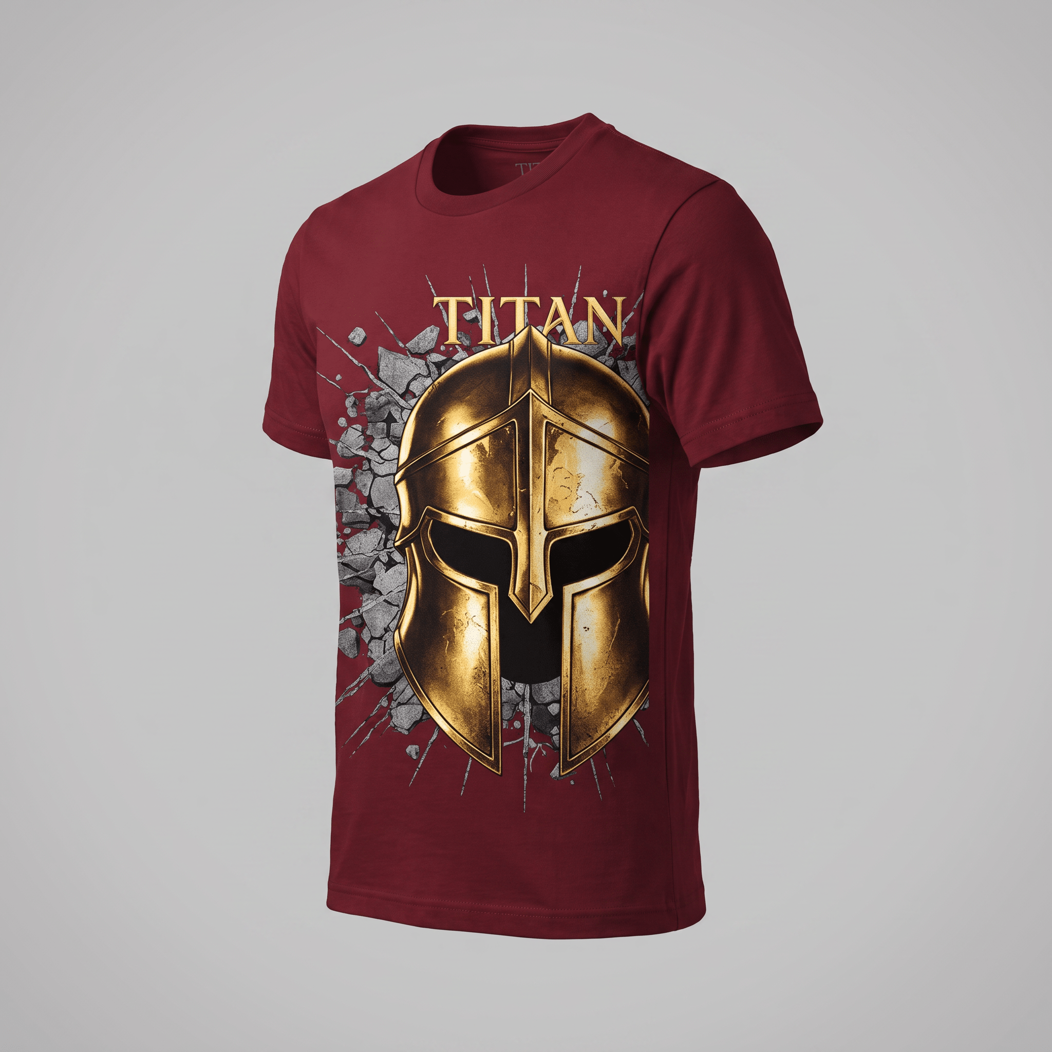 Maroon crewneck t-shirt featuring a gold Spartan helmet graphic breaking through a cracked wall.