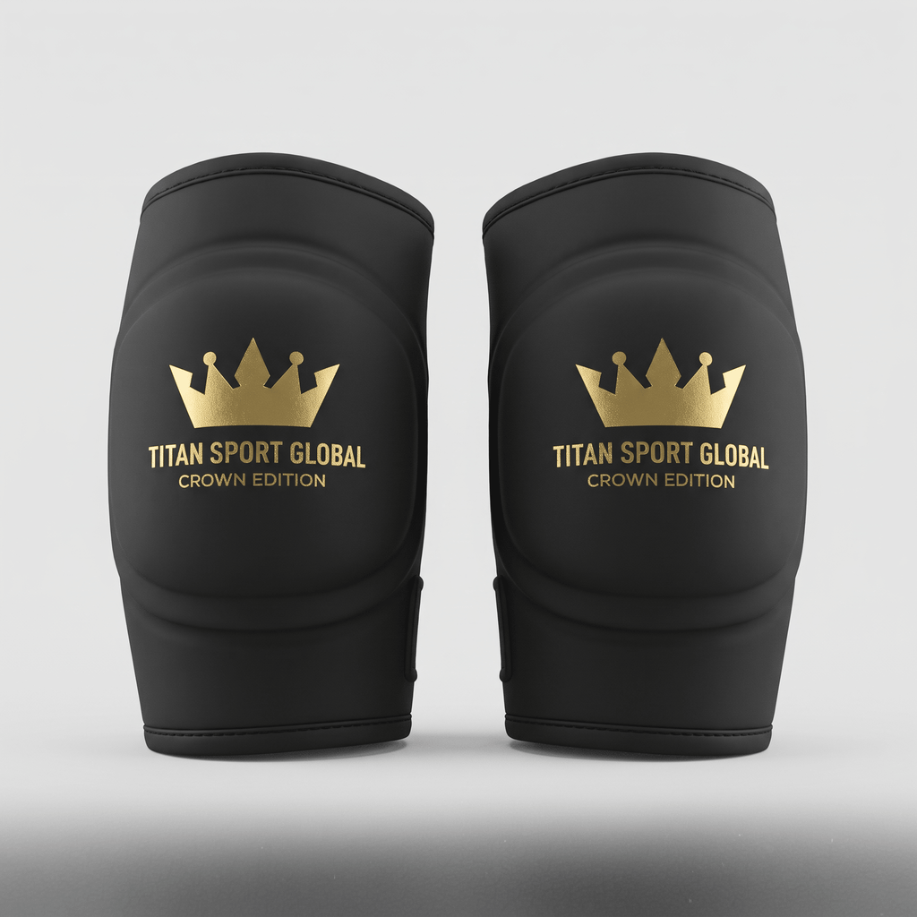 Black knee sleeves with gold Titan Sport Global Crown Edition logo on a white background.