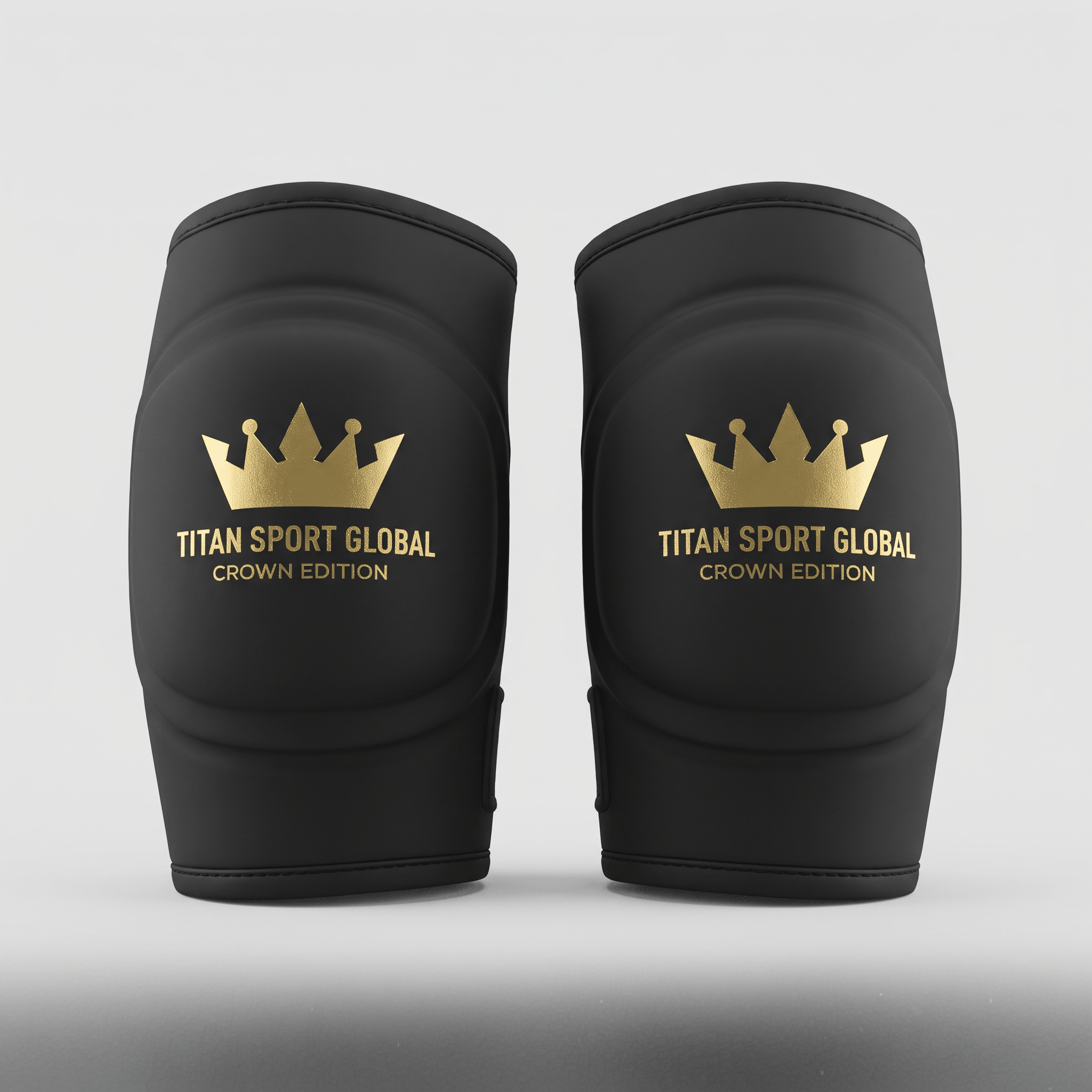 Black knee sleeves with gold Titan Sport Global Crown Edition logo on a white background.