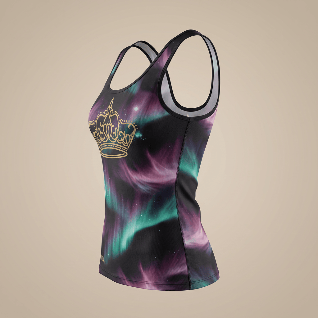 Black athletic tank top featuring a purple and teal aurora print and a gold crown graphic.