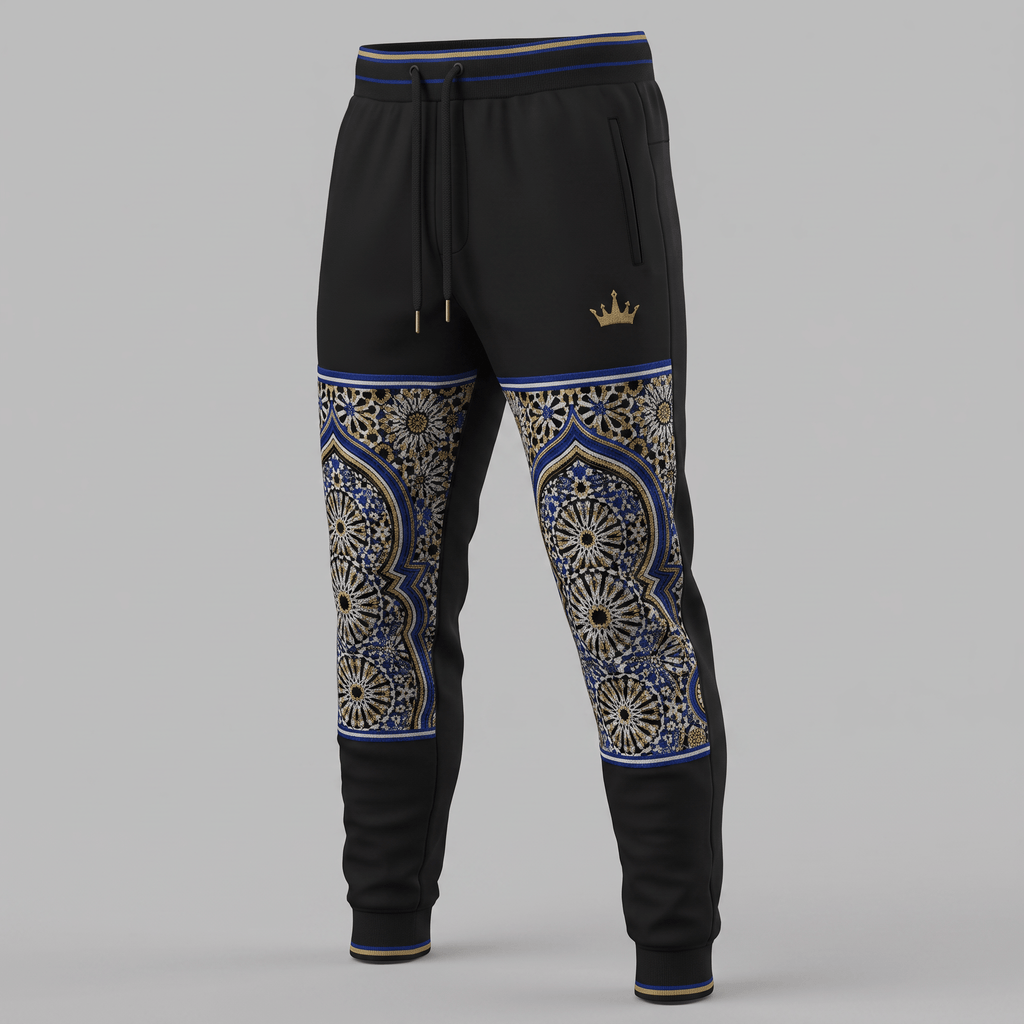 Black sweatpants with blue and gold Moroccan arch prints, drawstring waist, and a gold crown logo.