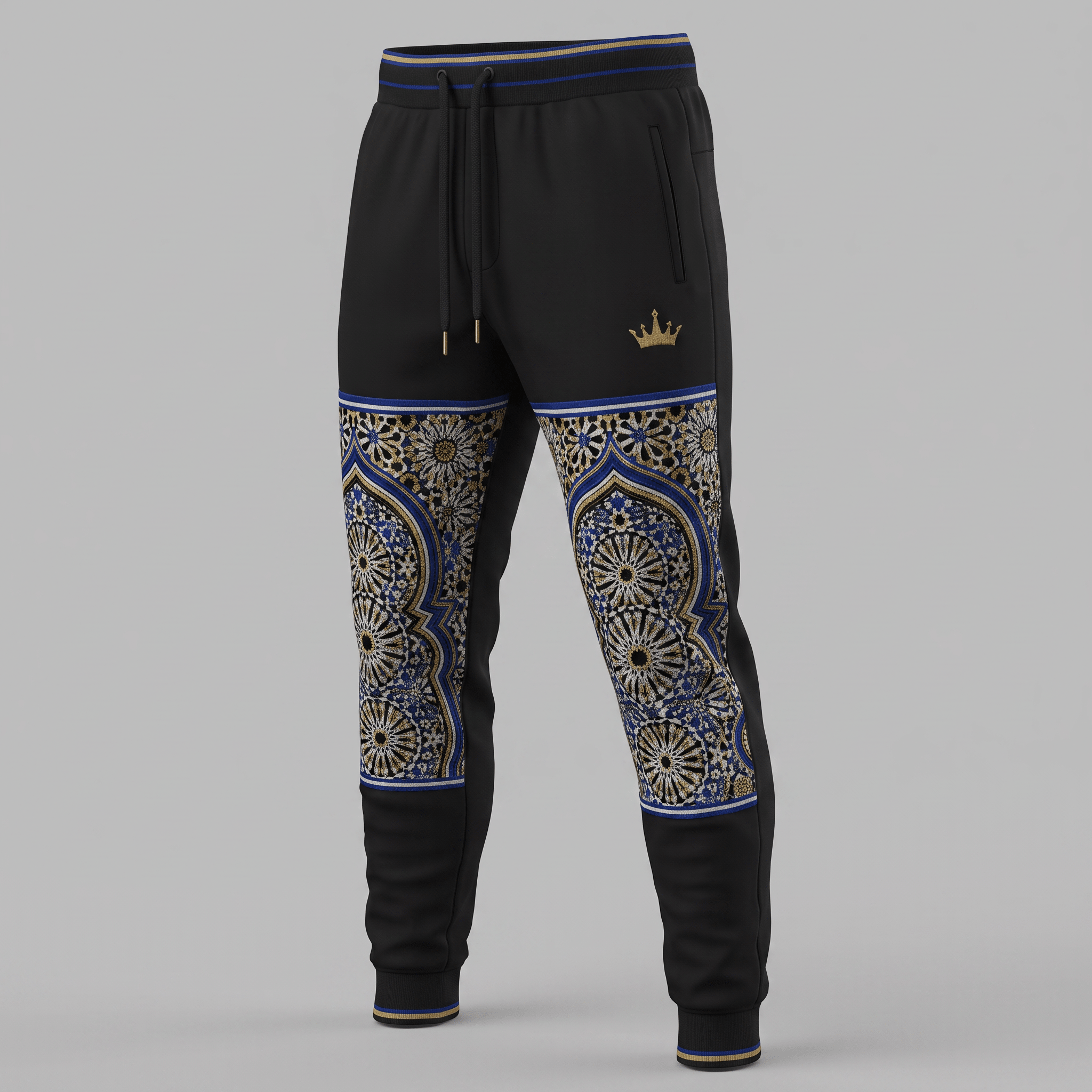 Black sweatpants with blue and gold Moroccan arch prints, drawstring waist, and a gold crown logo.