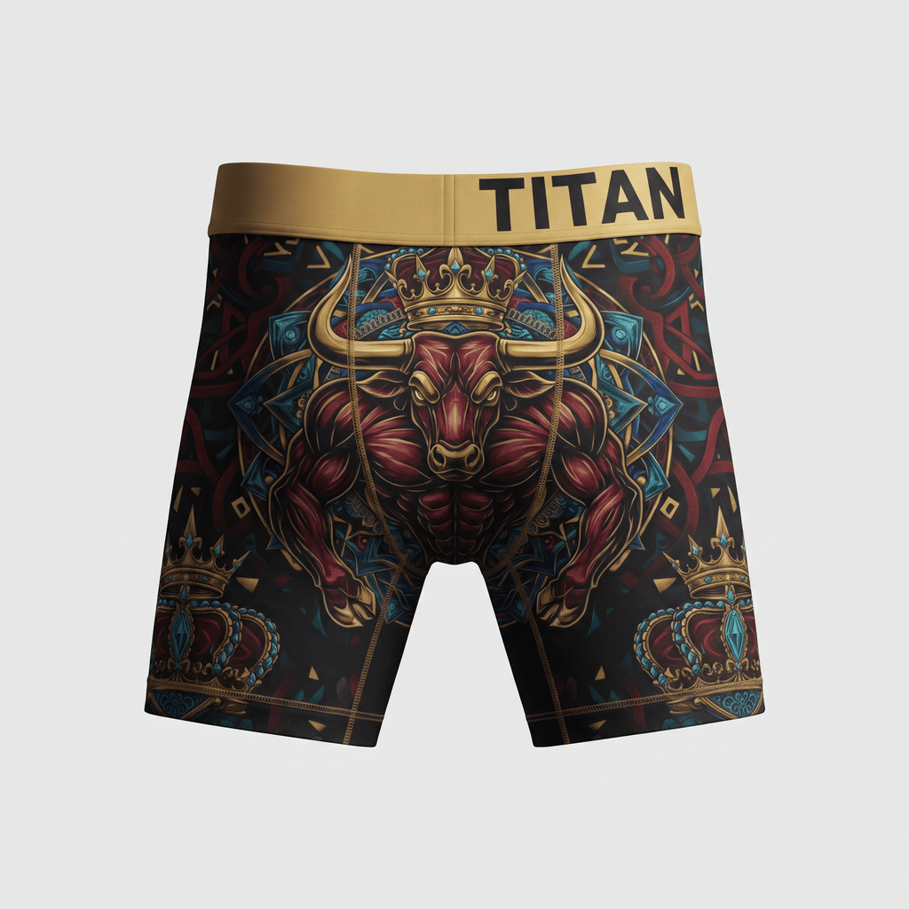 Titan boxer briefs featuring a red bull wearing a crown with blue and gold ornate details.
