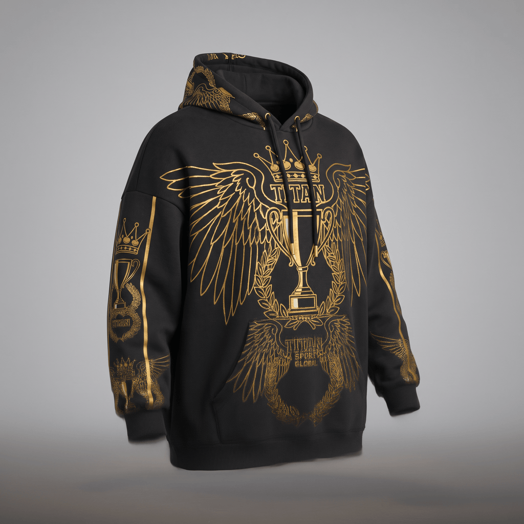 Black hoodie featuring gold foil graphics of winged trophies and crowns on the chest, sleeves, and hood.