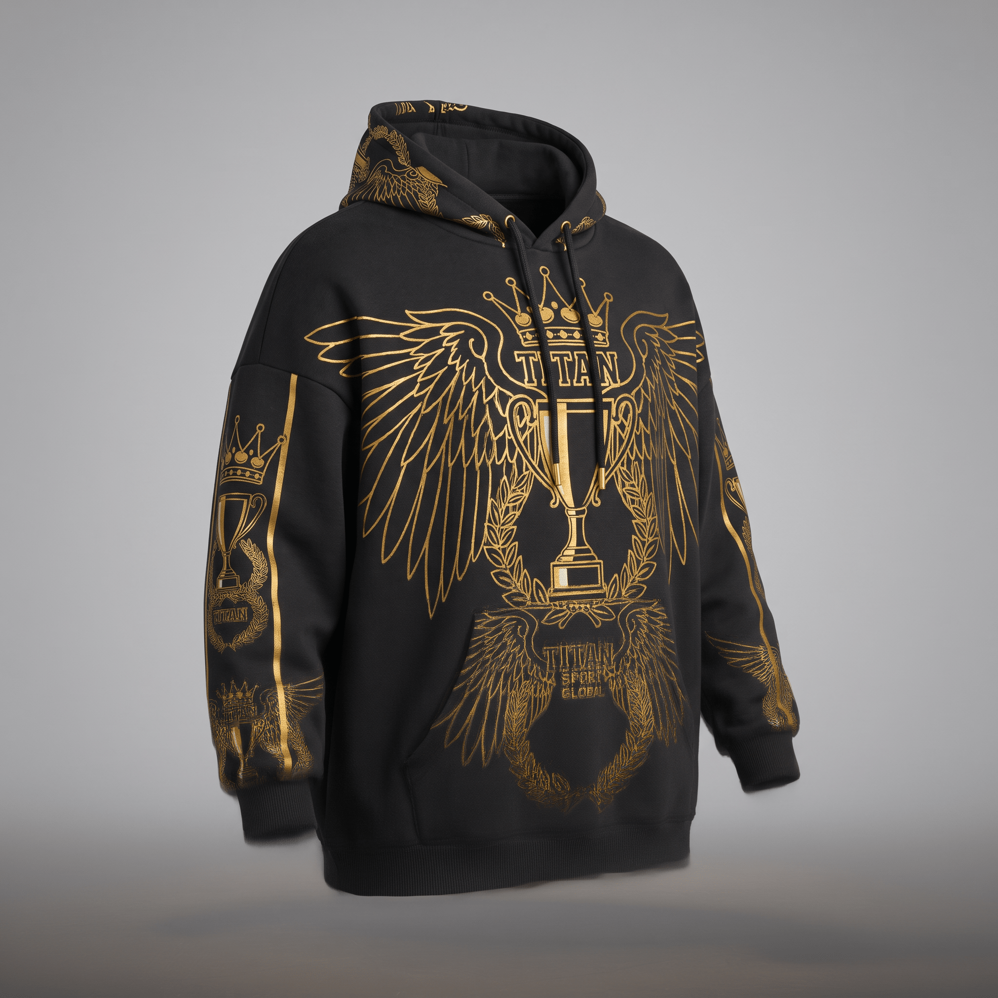 Black hoodie with gold metallic graphic of winged trophy, crown, and Titan text on chest and sleeves.